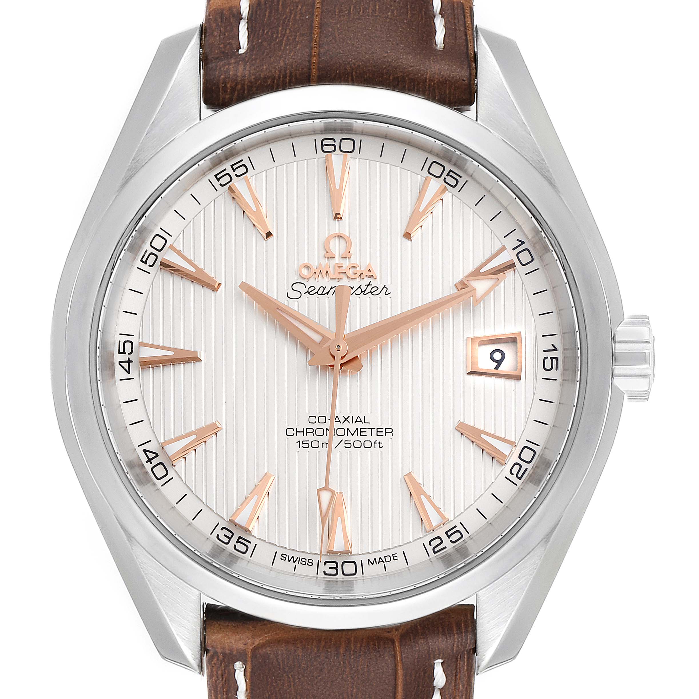 The image shows a front view of the Omega Aqua Terra 231.13.42.21.02.002 Men's Stainless Steel Silver Dial 231.13.42.21.02.002 Men's Stainless Steel Silver Dial watch, focusing on its dial, hands, and date window.