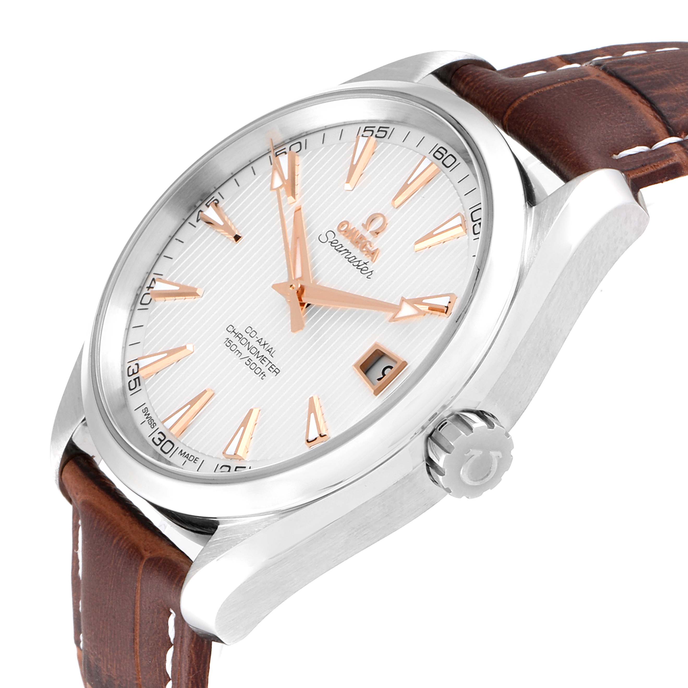 This Omega Aqua Terra 231.13.42.21.02.002 Men's Stainless Steel Silver Dial 231.13.42.21.02.002 Men's Stainless Steel Silver Dial watch is shown at an oblique angle, displaying the face, crown, and leather strap.