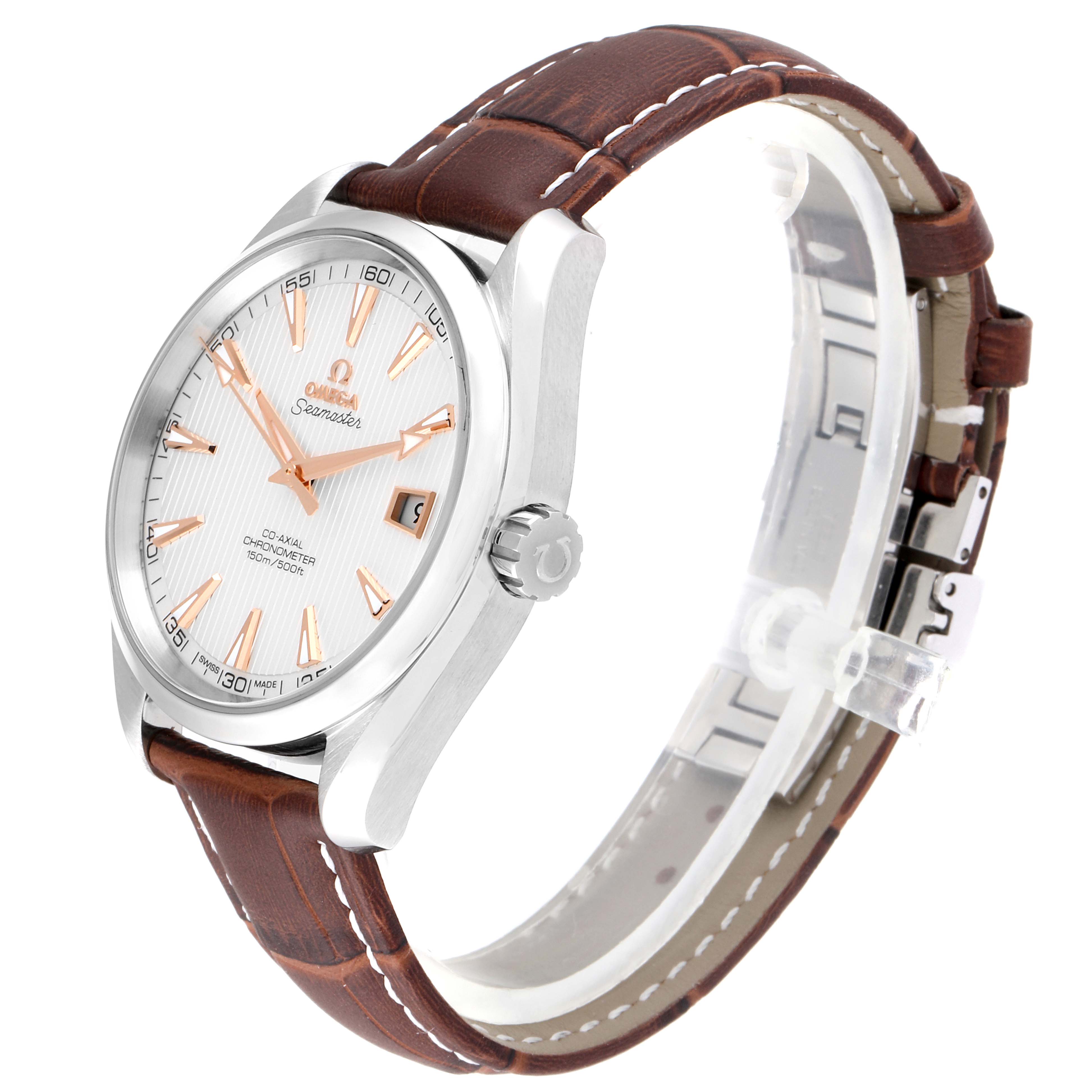 The Omega Aqua Terra 231.13.42.21.02.002 Men's Stainless Steel Silver Dial 231.13.42.21.02.002 Men's Stainless Steel Silver Dial watch is shown at a three-quarter angle, highlighting the dial, bezel, crown, and leather strap.