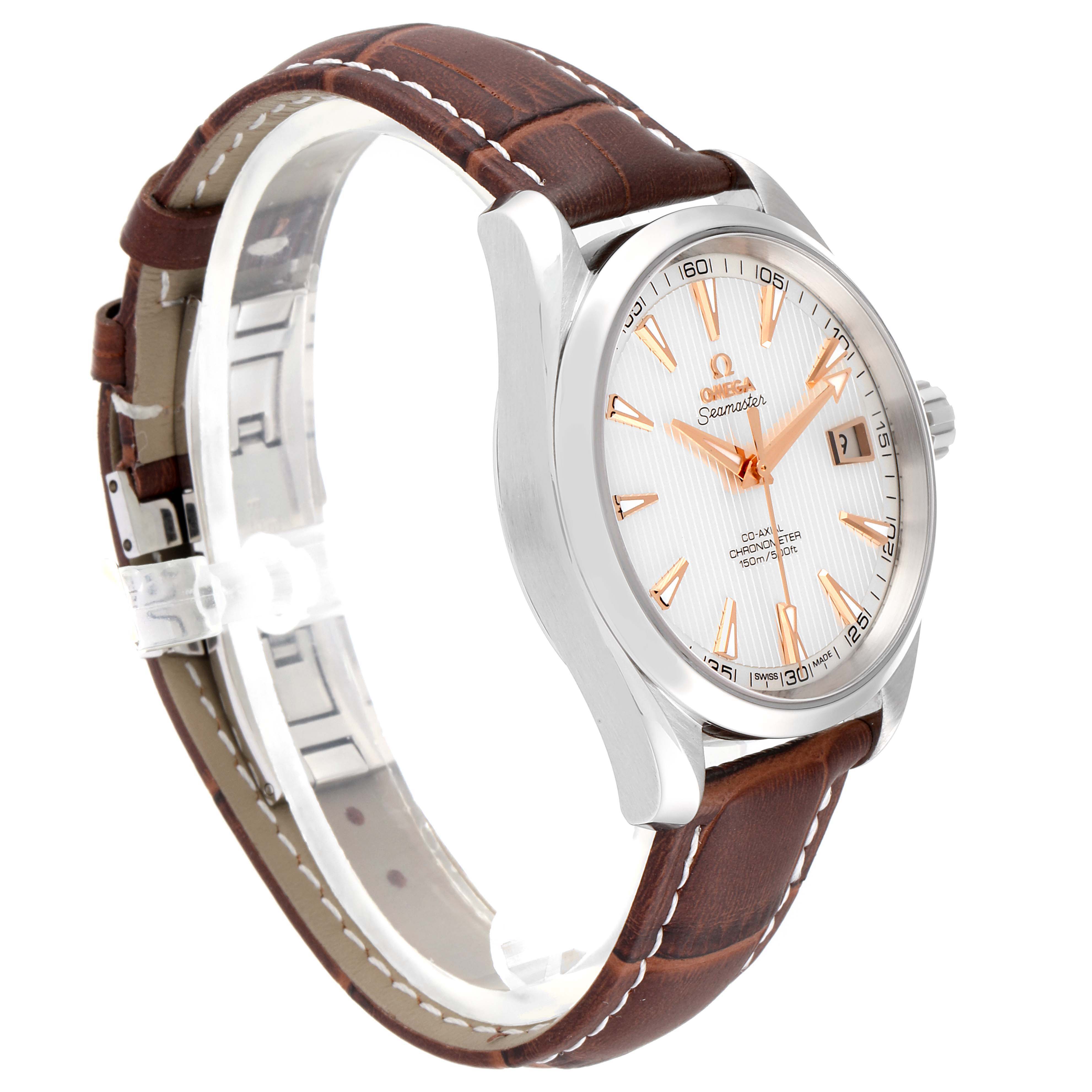 The image shows an angled view of an Omega Aqua Terra 231.13.42.21.02.002 Men's Stainless Steel Silver Dial 231.13.42.21.02.002 Men's Stainless Steel Silver Dial watch, displaying the watch face, case, crown, and leather strap.