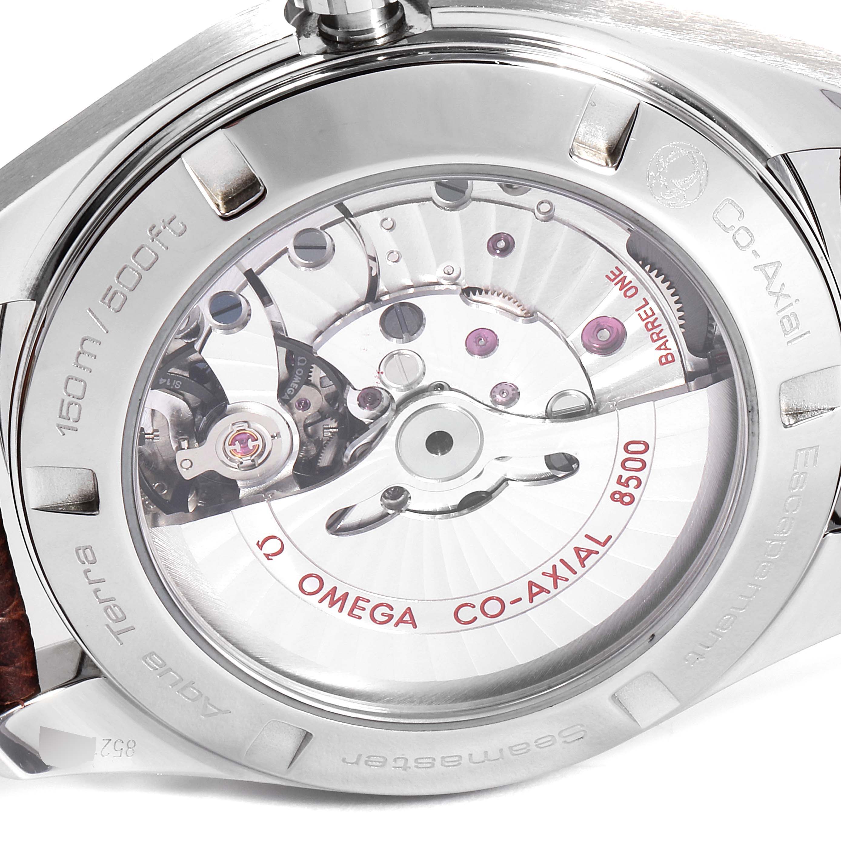 The image shows the back view of the Omega Aqua Terra 231.13.42.21.02.002 Men's Stainless Steel Silver Dial 231.13.42.21.02.002 Men's Stainless Steel Silver Dial watch, highlighting its Co-Axial 8500 movement.