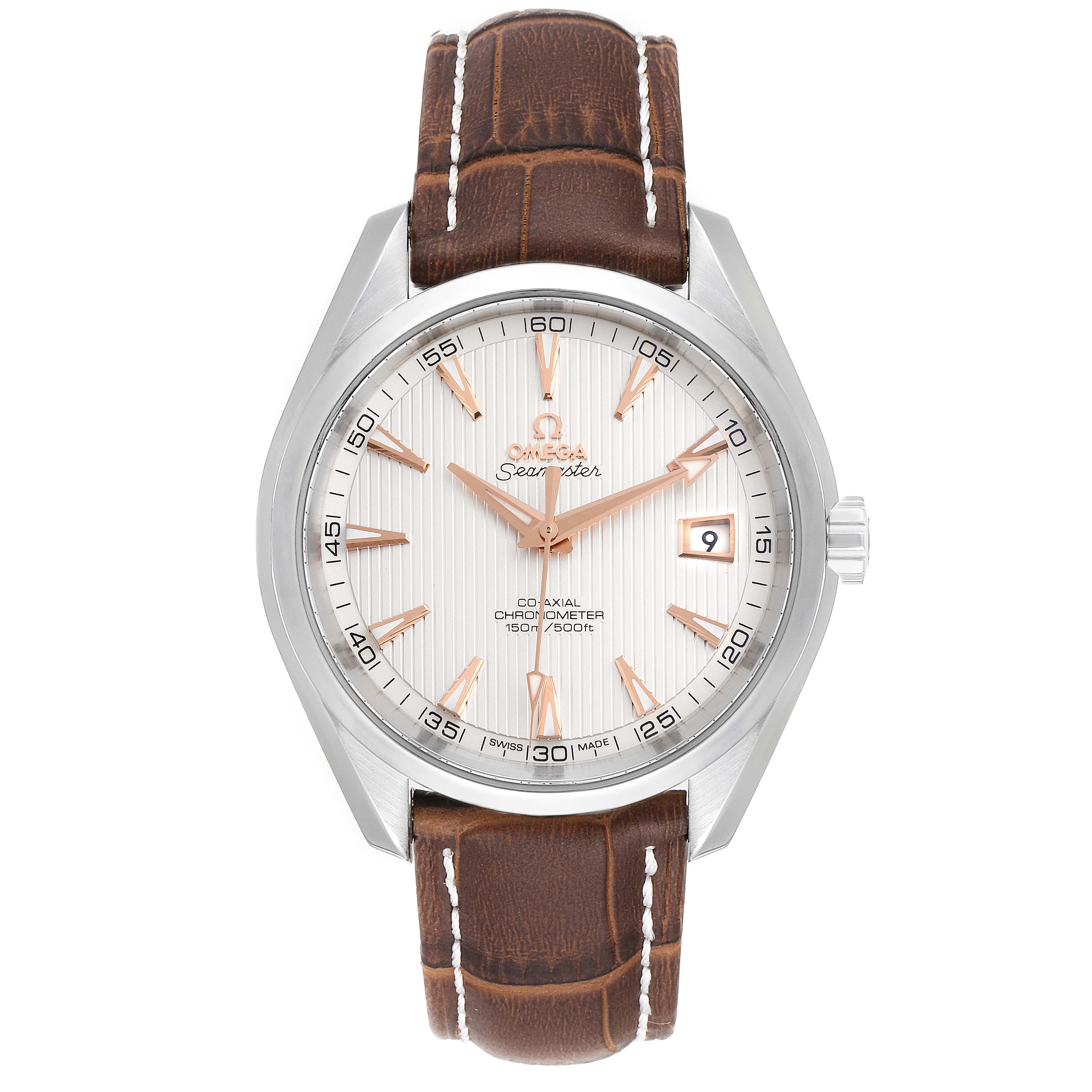The image shows a front view of the Omega Aqua Terra 231.13.42.21.02.002 Men's Stainless Steel Silver Dial 231.13.42.21.02.002 Men's Stainless Steel Silver Dial watch with a brown leather strap and a silver dial.
