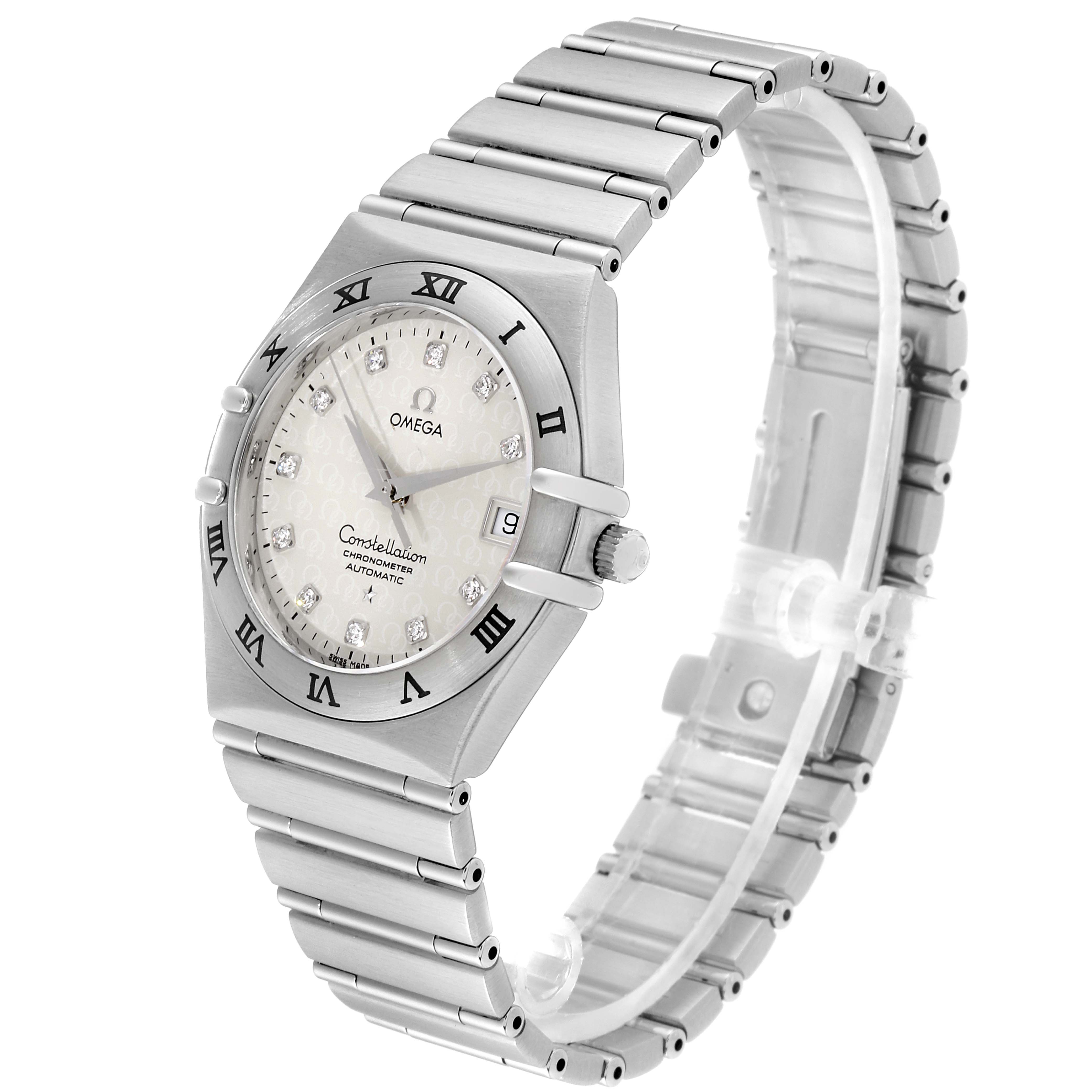 This Omega Constellation 1504.35.00 Men's Stainless Steel Silver Dial 1504.35.00 Men's Stainless Steel Silver Dial watch is shown from a three-quarter angle highlighting its face, bezel, and bracelet.