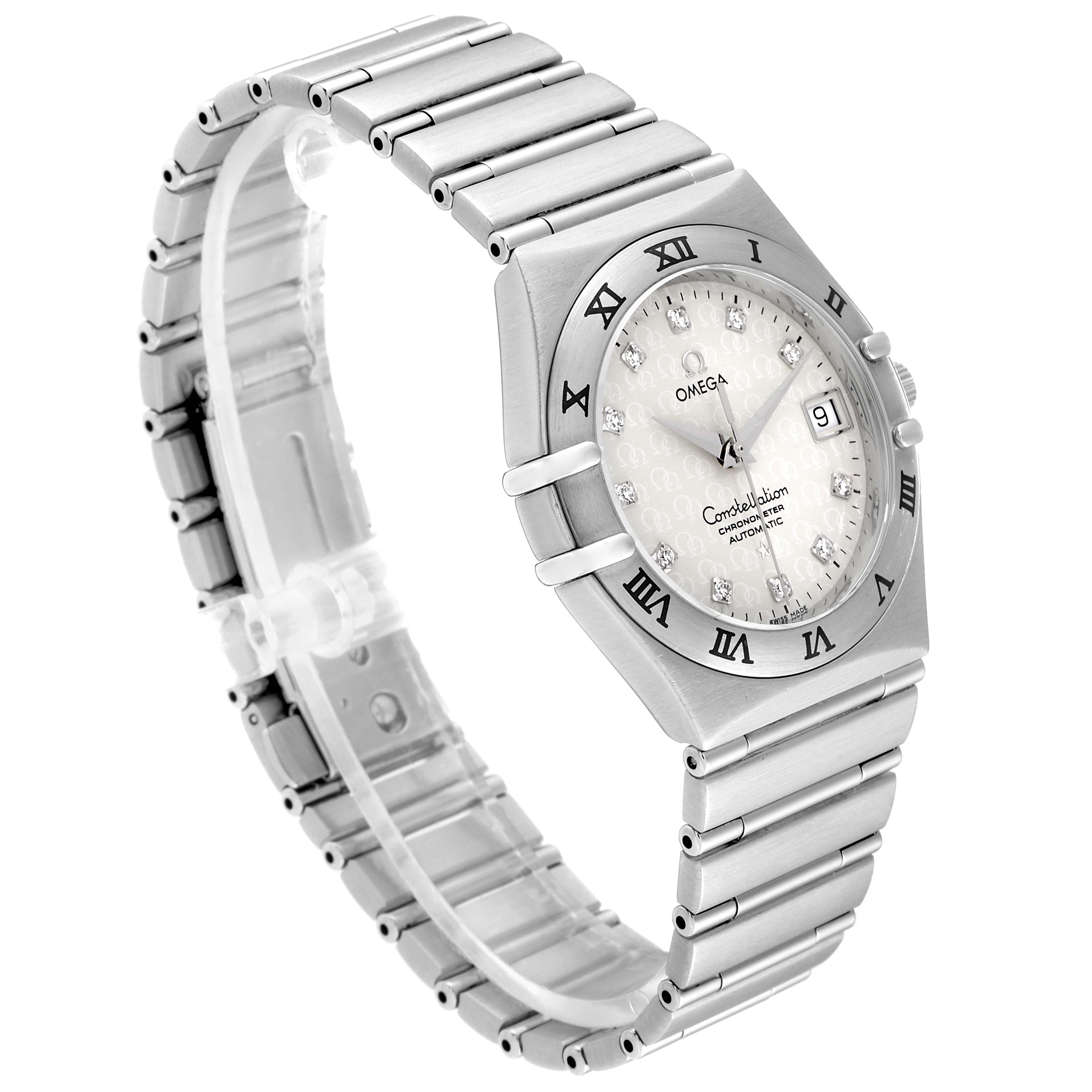 The image shows an angled front view of the Omega Constellation 1504.35.00 Men's Stainless Steel Silver Dial 1504.35.00 Men's Stainless Steel Silver Dial watch, highlighting its face, bezel, and bracelet.
