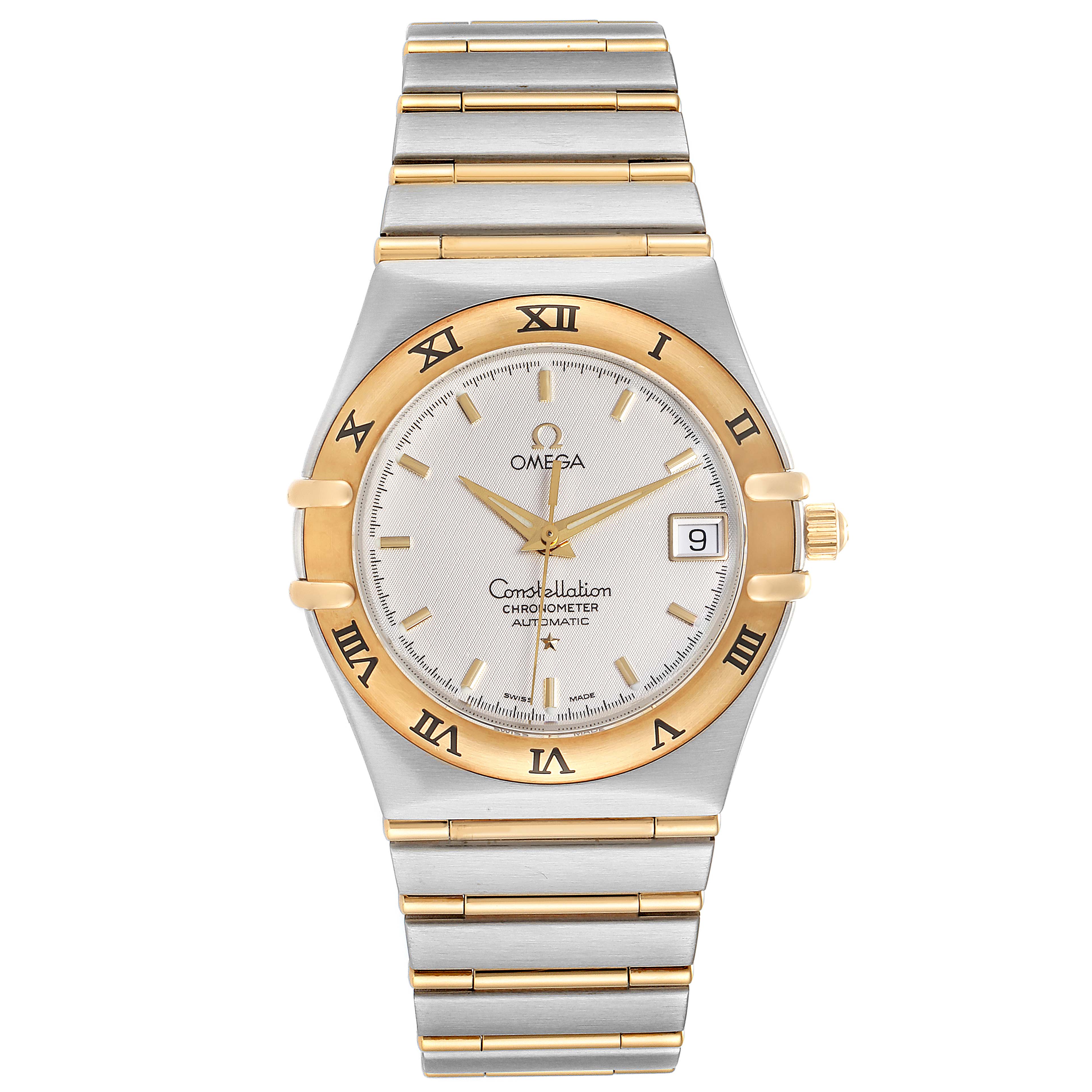 The Omega Constellation 1202.30.00 Men's Steel and Gold (two tone) Silver Dial 1202.30.00 Men's Steel and Gold (two tone) Silver Dial watch is shown from the front, displaying the entire face, bezel, and bracelet.
