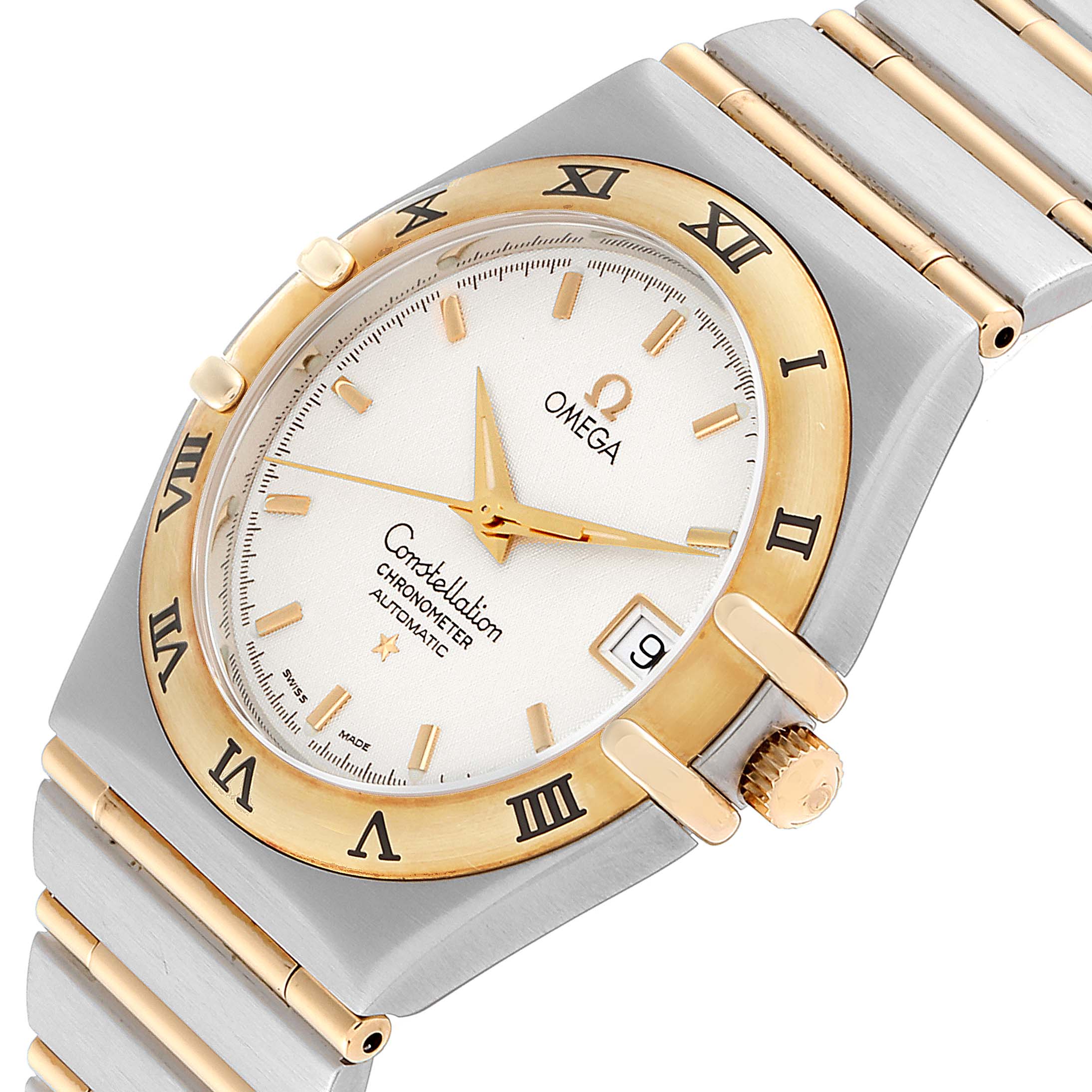 This Omega Constellation 1202.30.00 Men's Steel and Gold (two tone) Silver Dial 1202.30.00 Men's Steel and Gold (two tone) Silver Dial watch is shown at an angle from the front, highlighting the dial, bezel, and part of the bracelet.