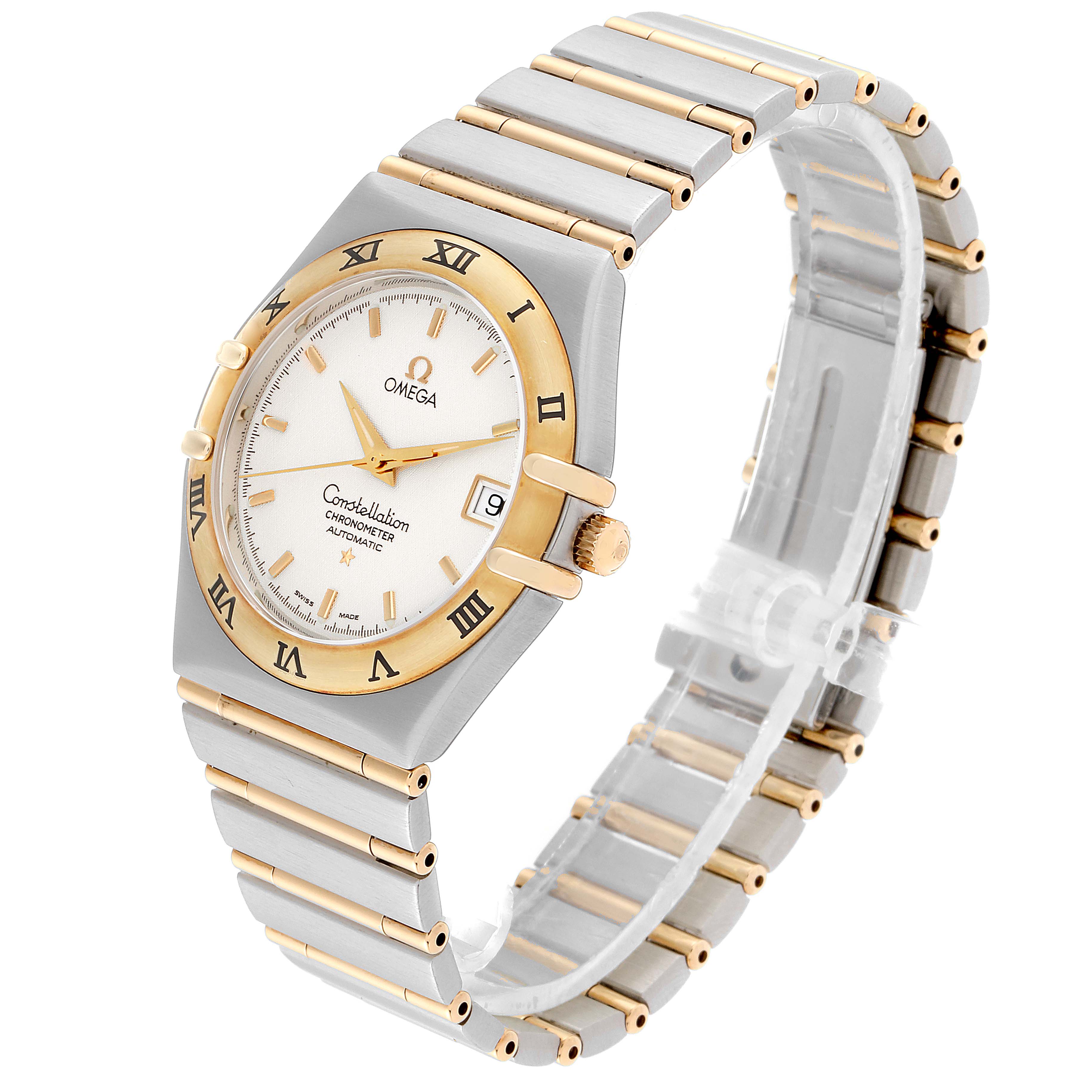 The image shows a side and front angle of an Omega Constellation 1202.30.00 Men's Steel and Gold (two tone) Silver Dial 1202.30.00 Men's Steel and Gold (two tone) Silver Dial watch, highlighting its dial, bezel, and bracelet.