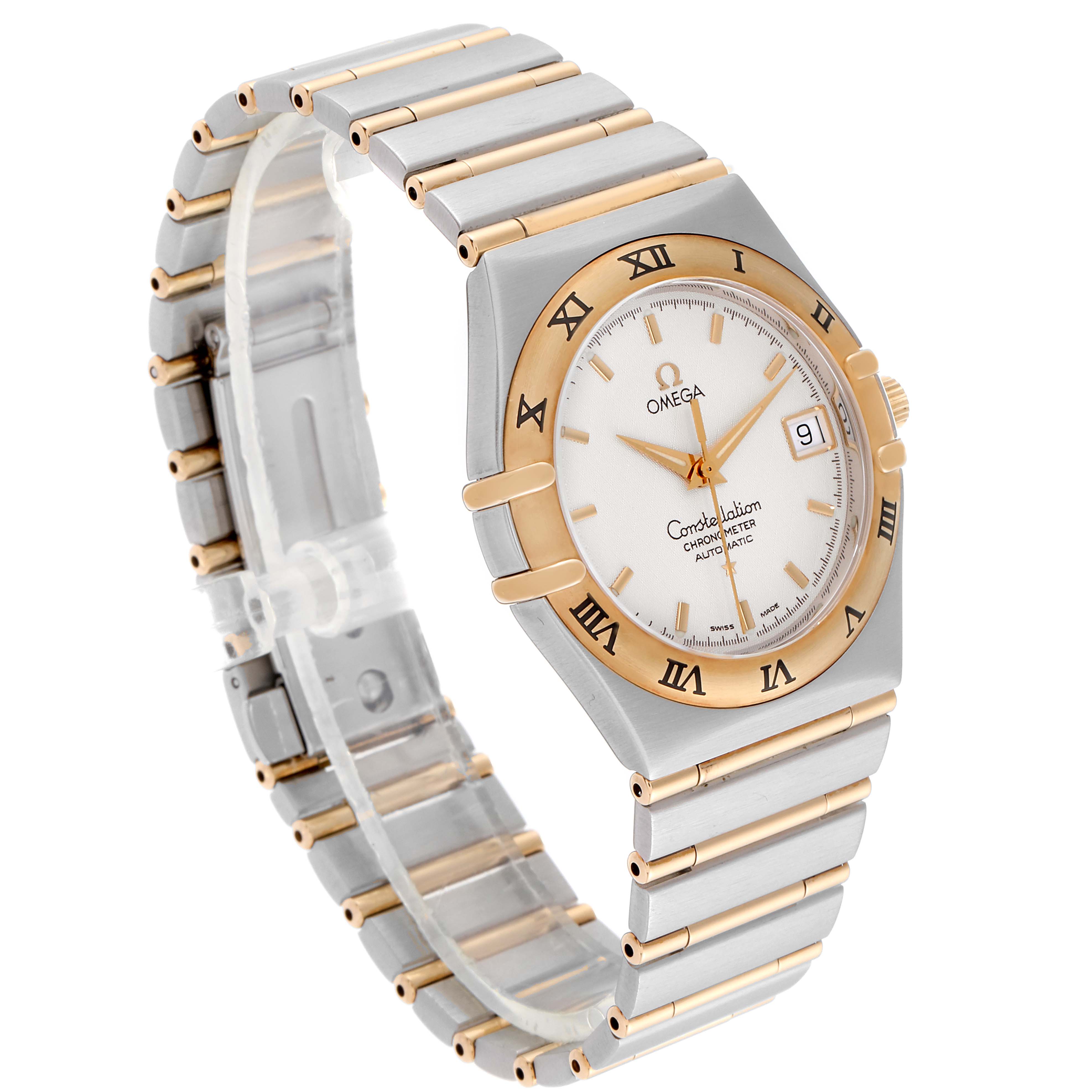 The image shows an angled view of the Omega Constellation 1202.30.00 Men's Steel and Gold (two tone) Silver Dial 1202.30.00 Men's Steel and Gold (two tone) Silver Dial watch, highlighting the face, bezel, and bracelet.