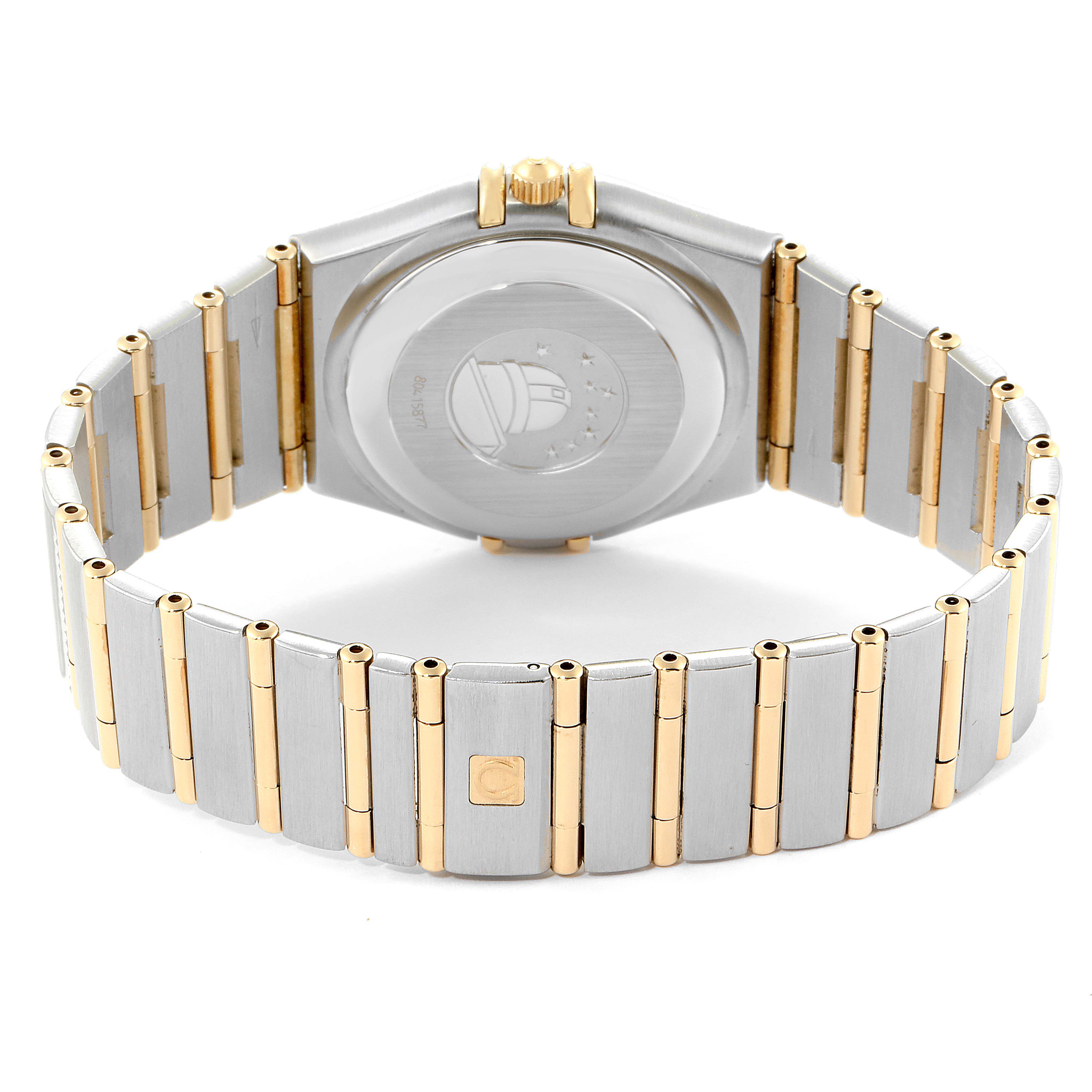 The image shows the back of the Omega Constellation 1202.30.00 Men's Steel and Gold (two tone) Silver Dial 1202.30.00 Men's Steel and Gold (two tone) Silver Dial watch, highlighting the bracelet and case back in a mix of silver and gold tones.