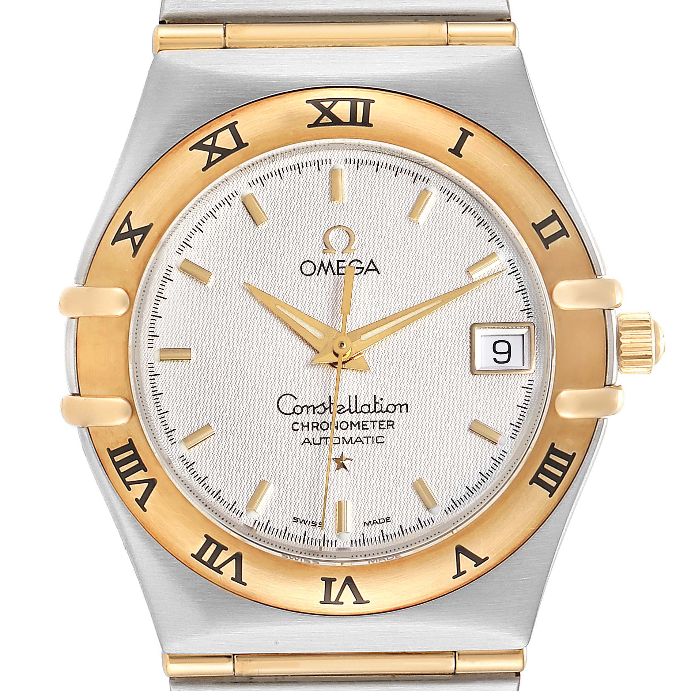 The Omega Constellation 1202.30.00 Men's Steel and Gold (two tone) Silver Dial 1202.30.00 Men's Steel and Gold (two tone) Silver Dial watch is shown from a front angle, displaying the dial, bezel, and part of the bracelet.