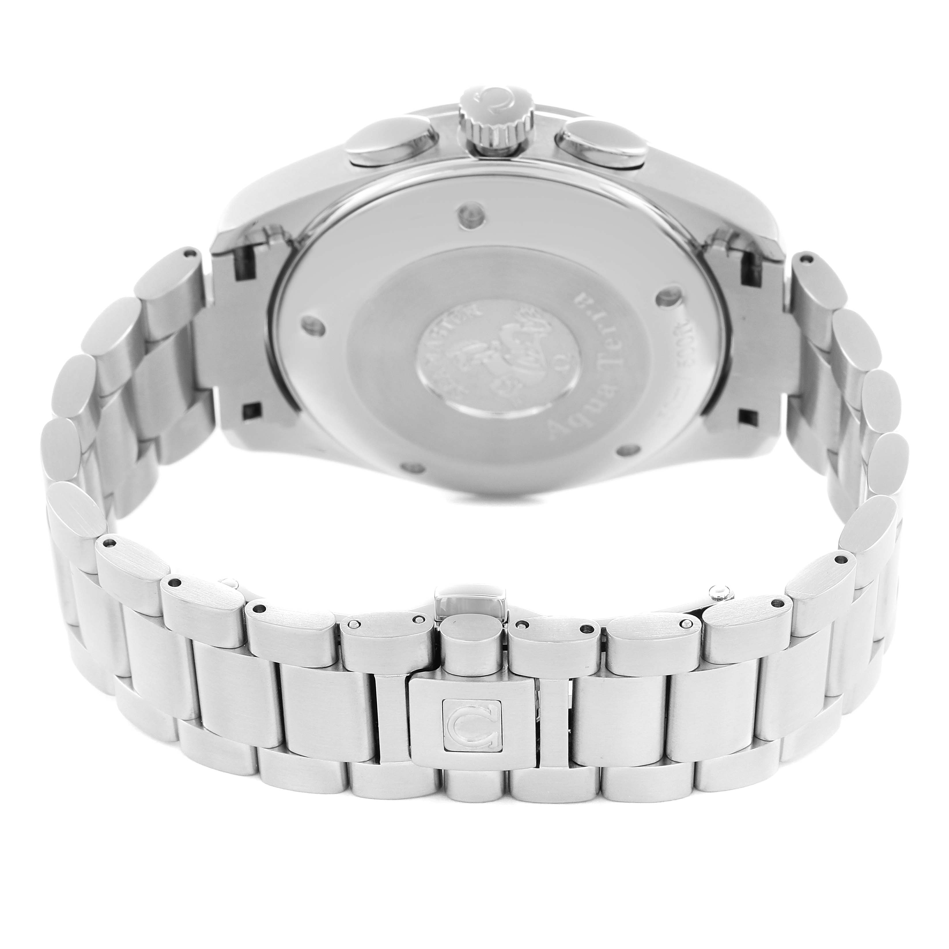 The image shows the back view of the Omega Aqua Terra 2812.52.37 Men
s Stainless Steel Black Dial watch, highlighting the case back and stainless steel bracelet.