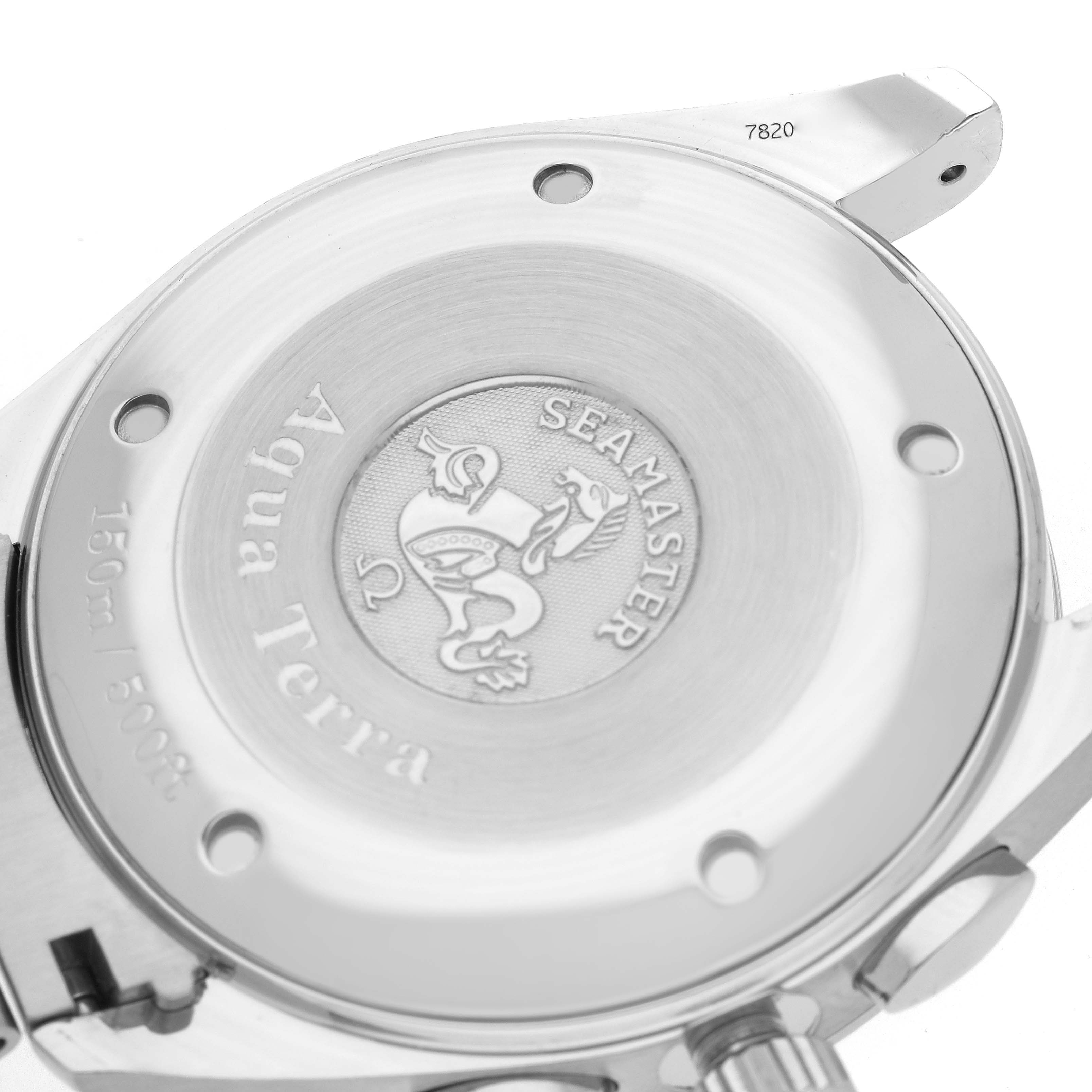 The image shows the case back of the Omega Aqua Terra 2812.52.37 Men
s Stainless Steel Black Dial watch, featuring the Seamaster engraving and some screws.