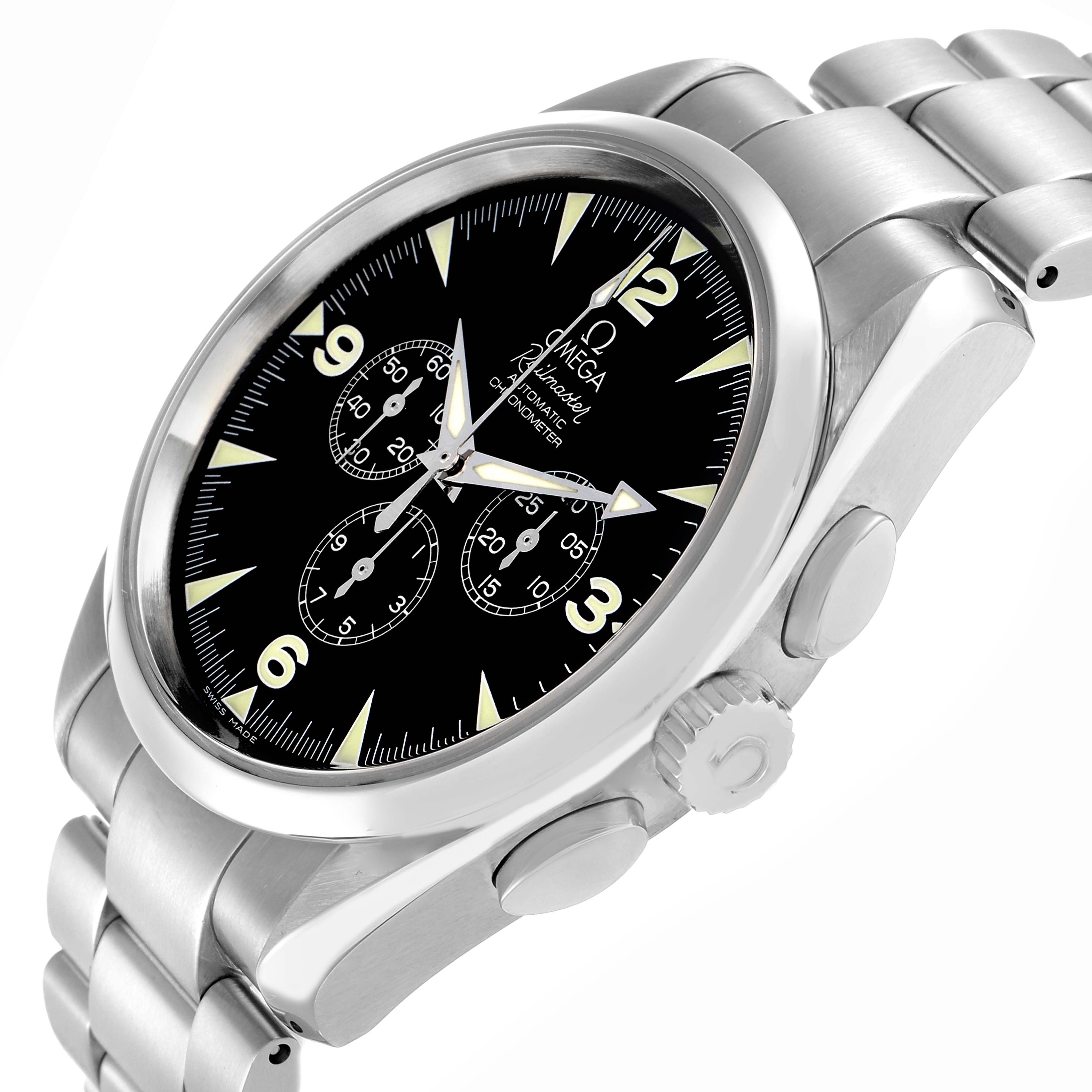 The Omega Aqua Terra 2812.52.37 Men
s Stainless Steel Black Dial watch is shown at a slightly tilted angle, highlighting the case, dial, crown, and bracelet.