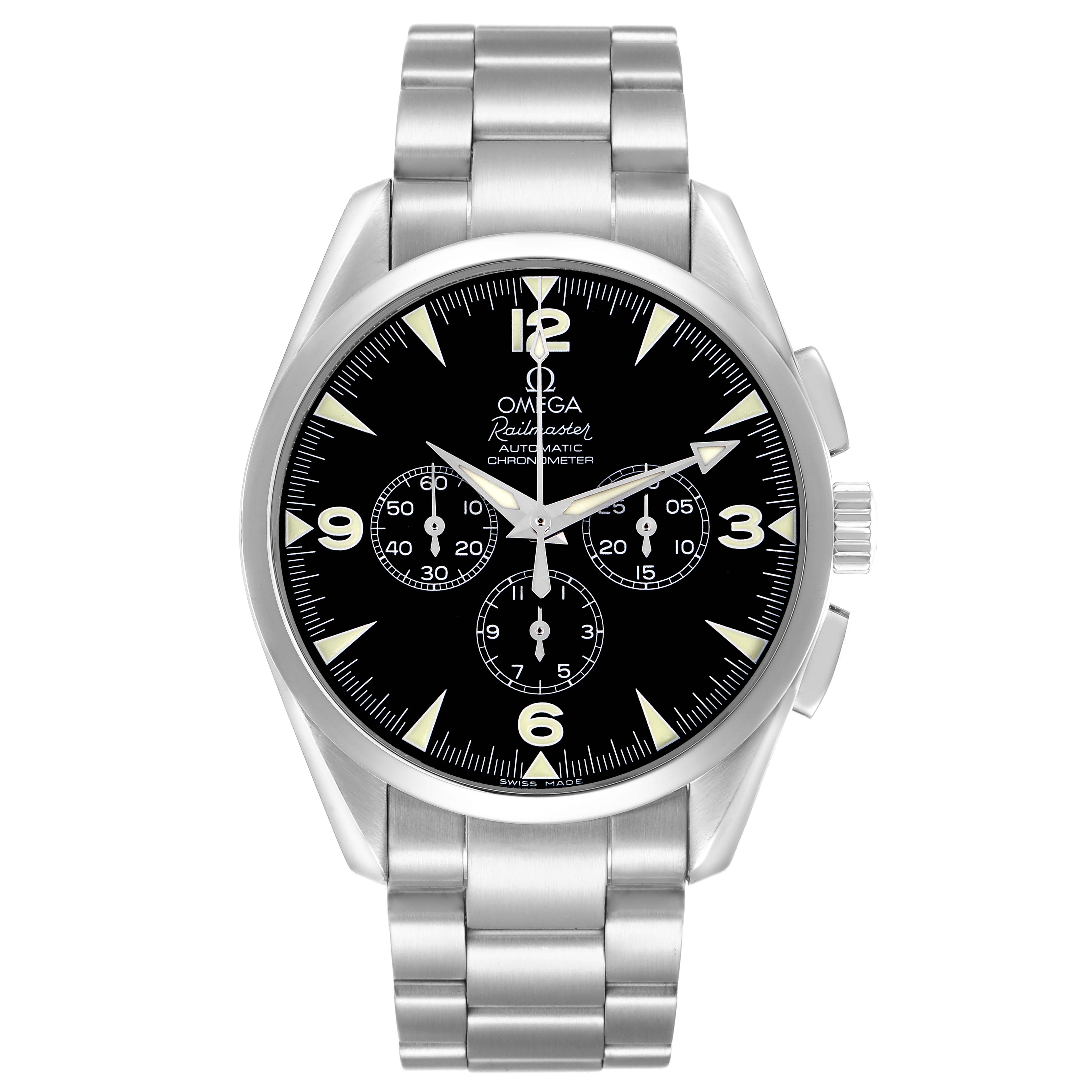 The Omega Aqua Terra 2812.52.37 Men
s Stainless Steel Black Dial watch is shown from a top-down angle, displaying the entire face and metal bracelet.