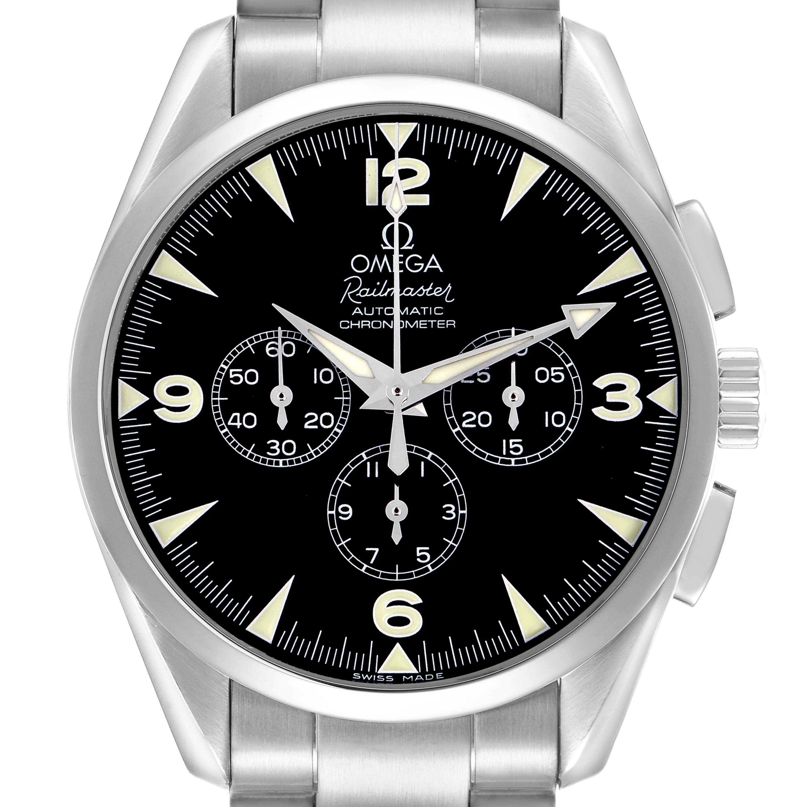 The Omega Aqua Terra 2812.52.37 Men
s Stainless Steel Black Dial watch is shown from a front angle, highlighting its face, hands, subdials, and stainless steel bracelet.