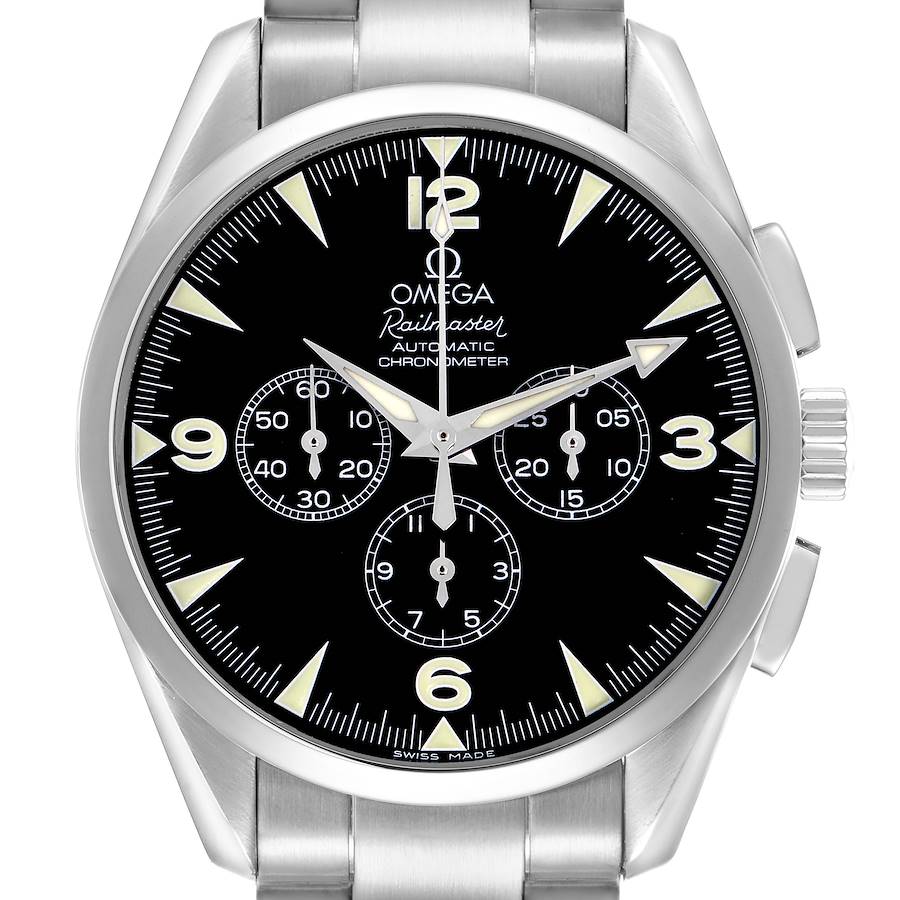 The Omega Aqua Terra 2812.52.37 Men's Stainless Steel Black Dial watch is shown from a front angle, highlighting its face, hands, subdials, and stainless steel bracelet.