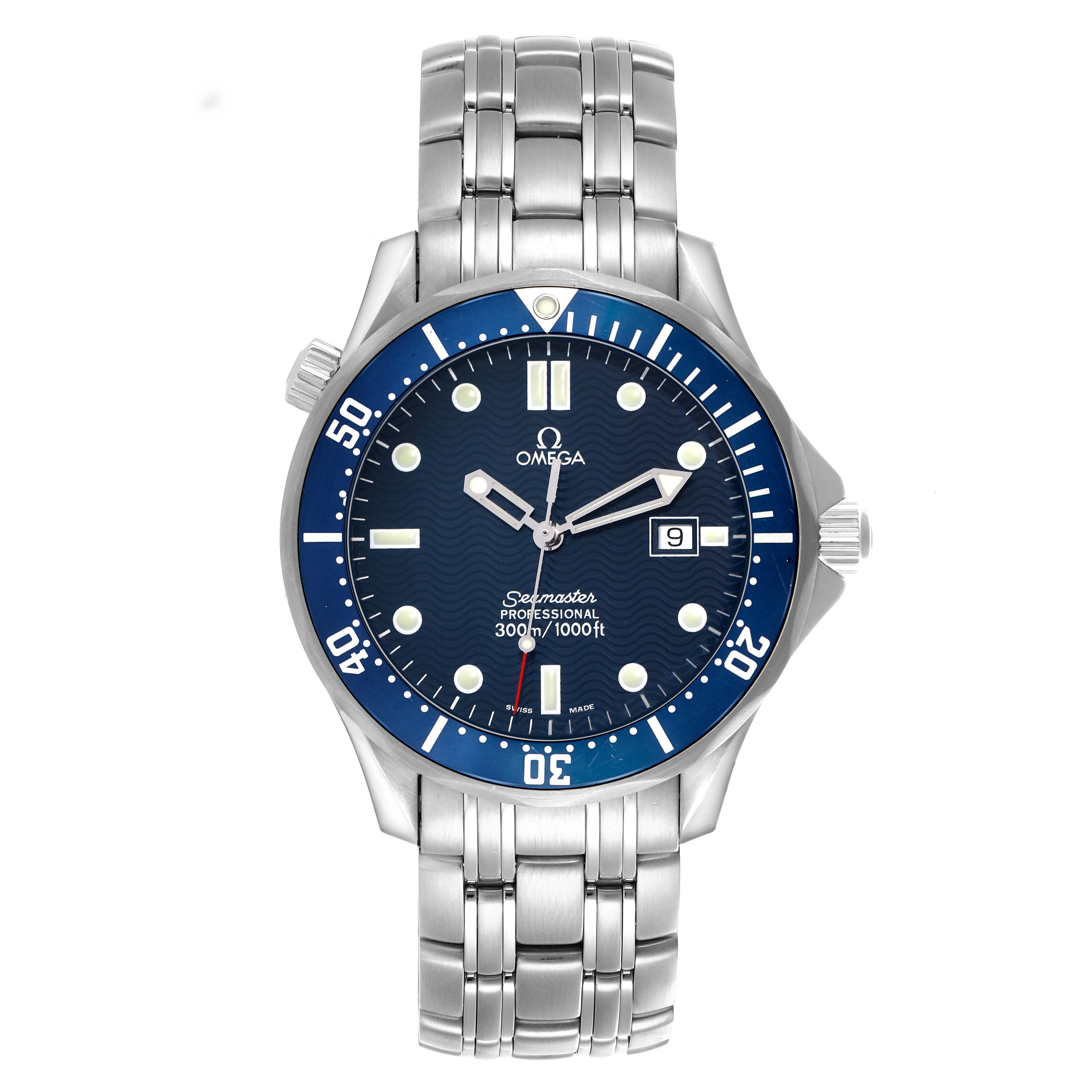 The Omega Seamaster 2541.80.00 Men
s Stainless Steel Blue Dial watch is shown from the front, displaying the full face, bezel, bracelet, and crown.
