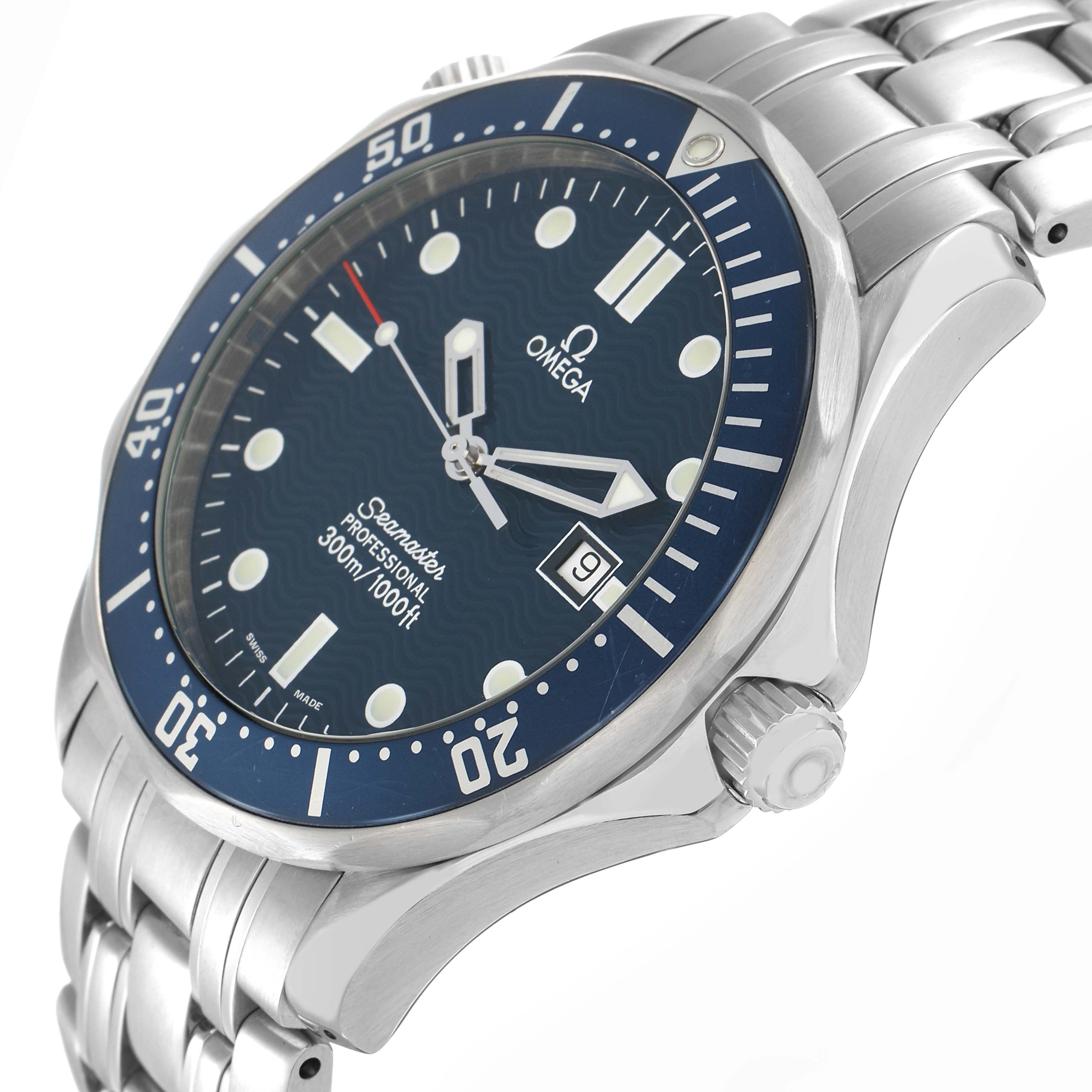 The Omega Seamaster 2541.80.00 Men
s Stainless Steel Blue Dial watch is shown from an angled side view, highlighting the bezel, crown, bracelet, and dial.