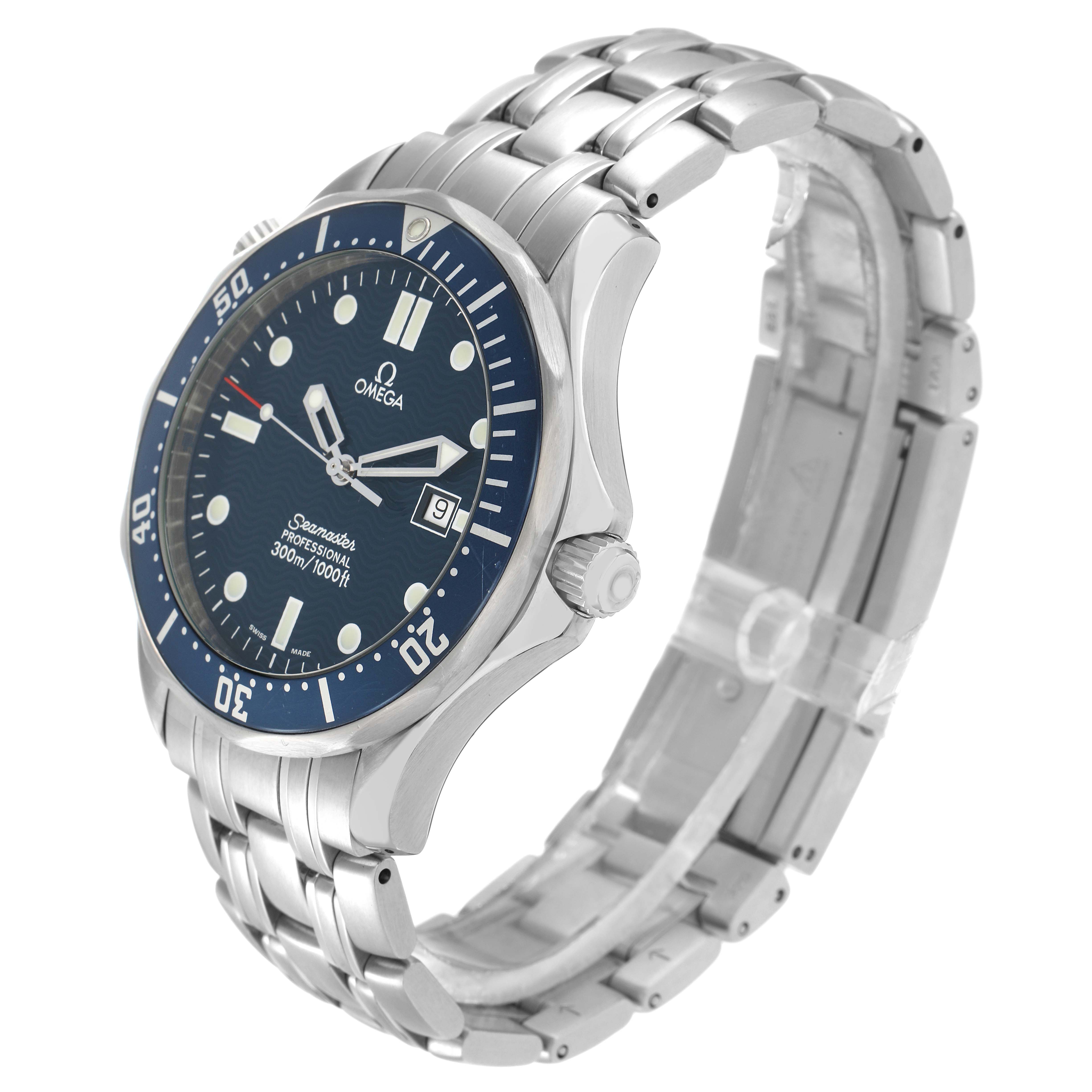 The Omega Seamaster 2541.80.00 Men
s Stainless Steel Blue Dial watch is shown at a three-quarter angle, highlighting the dial, bezel, case, and bracelet.