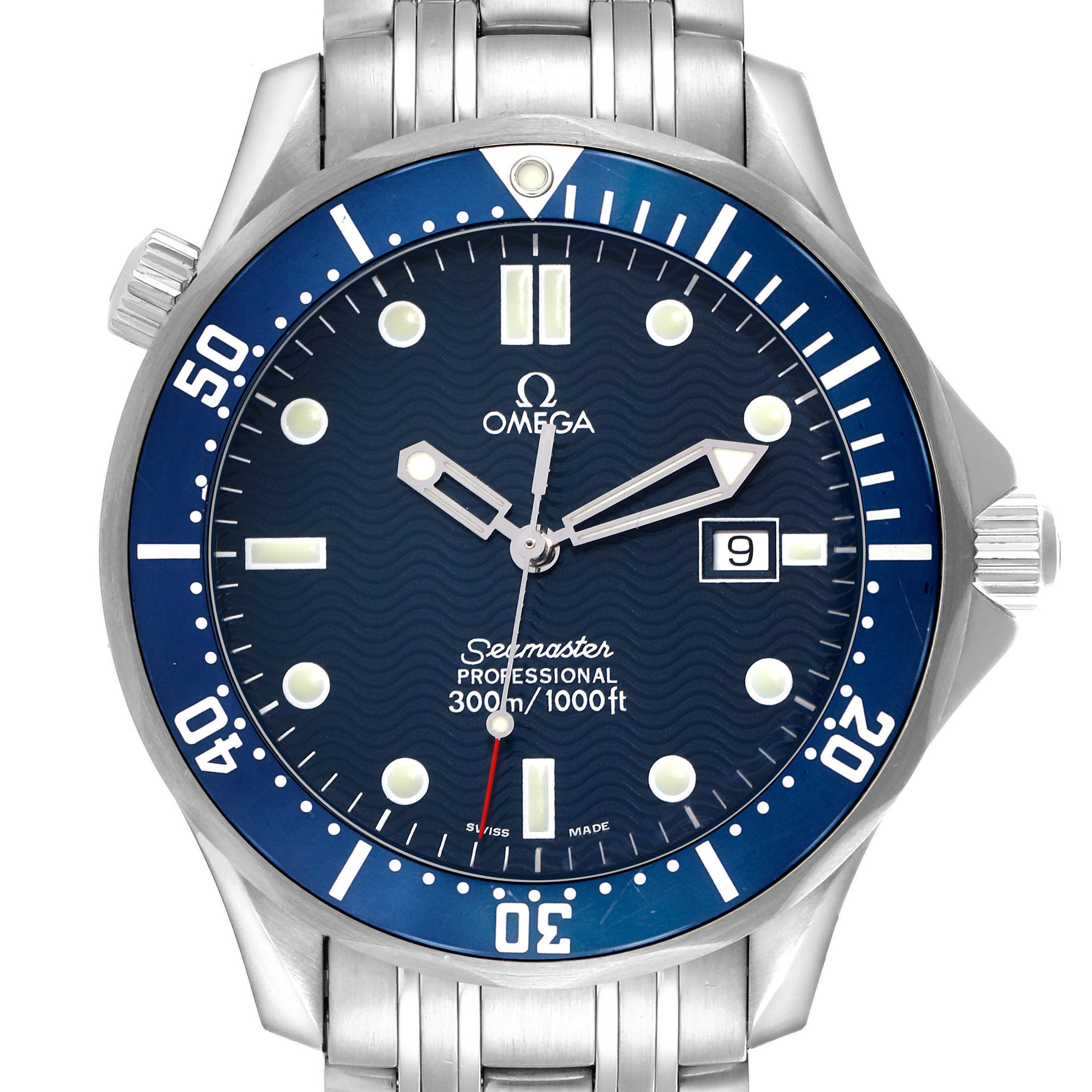 The Omega Seamaster 2541.80.00 Men
s Stainless Steel Blue Dial watch is shown from the front, displaying the dial, bezel, crown, and bracelet.
