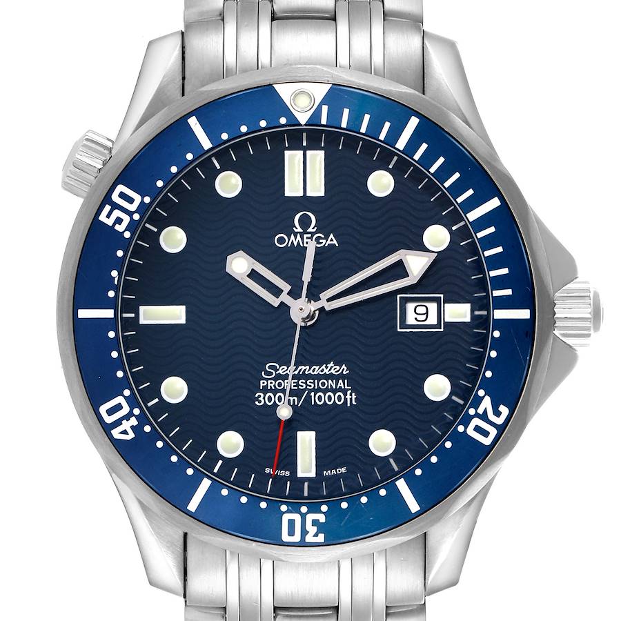 The Omega Seamaster 2541.80.00 Men's Stainless Steel Blue Dial watch is shown from the front, displaying the dial, bezel, crown, and bracelet.