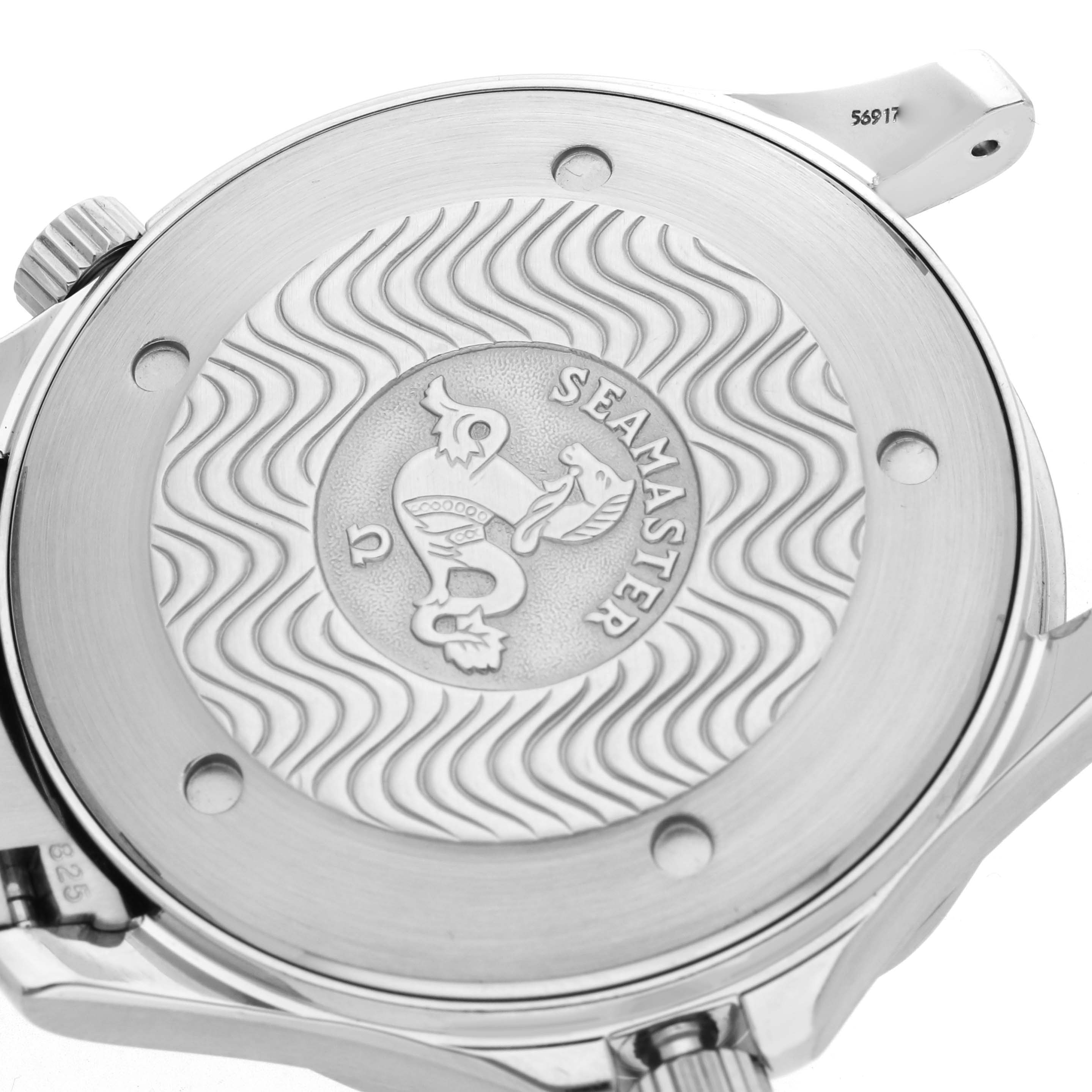 The image shows the case back of an Omega Seamaster 2541.80.00 Men
s Stainless Steel Blue Dial watch, highlighting the embossed logo and wave pattern design.