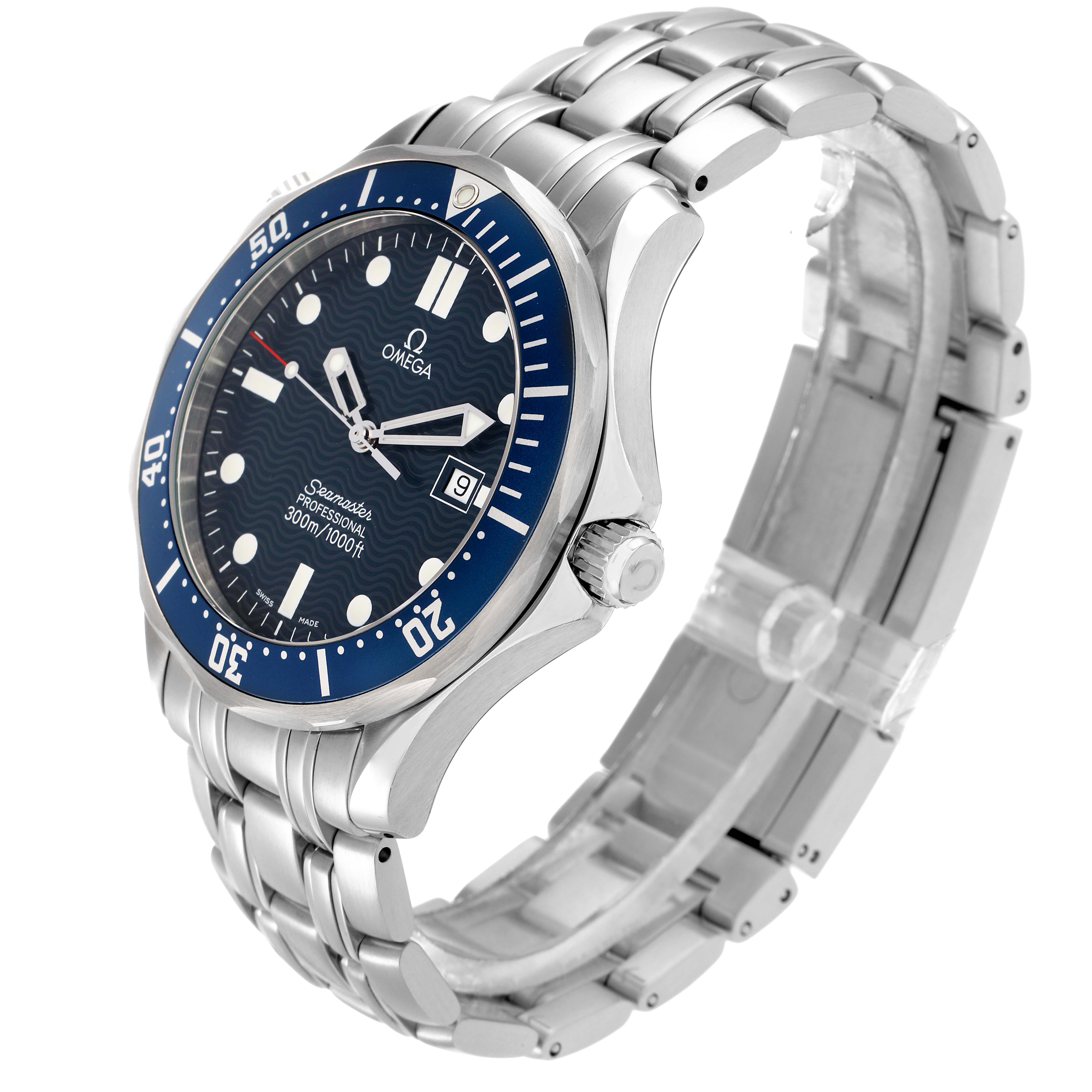 The Omega Seamaster 2541.80.00 Men
s Stainless Steel Blue Dial watch is shown from a side angle, highlighting the face, bezel, crown, and stainless steel bracelet.