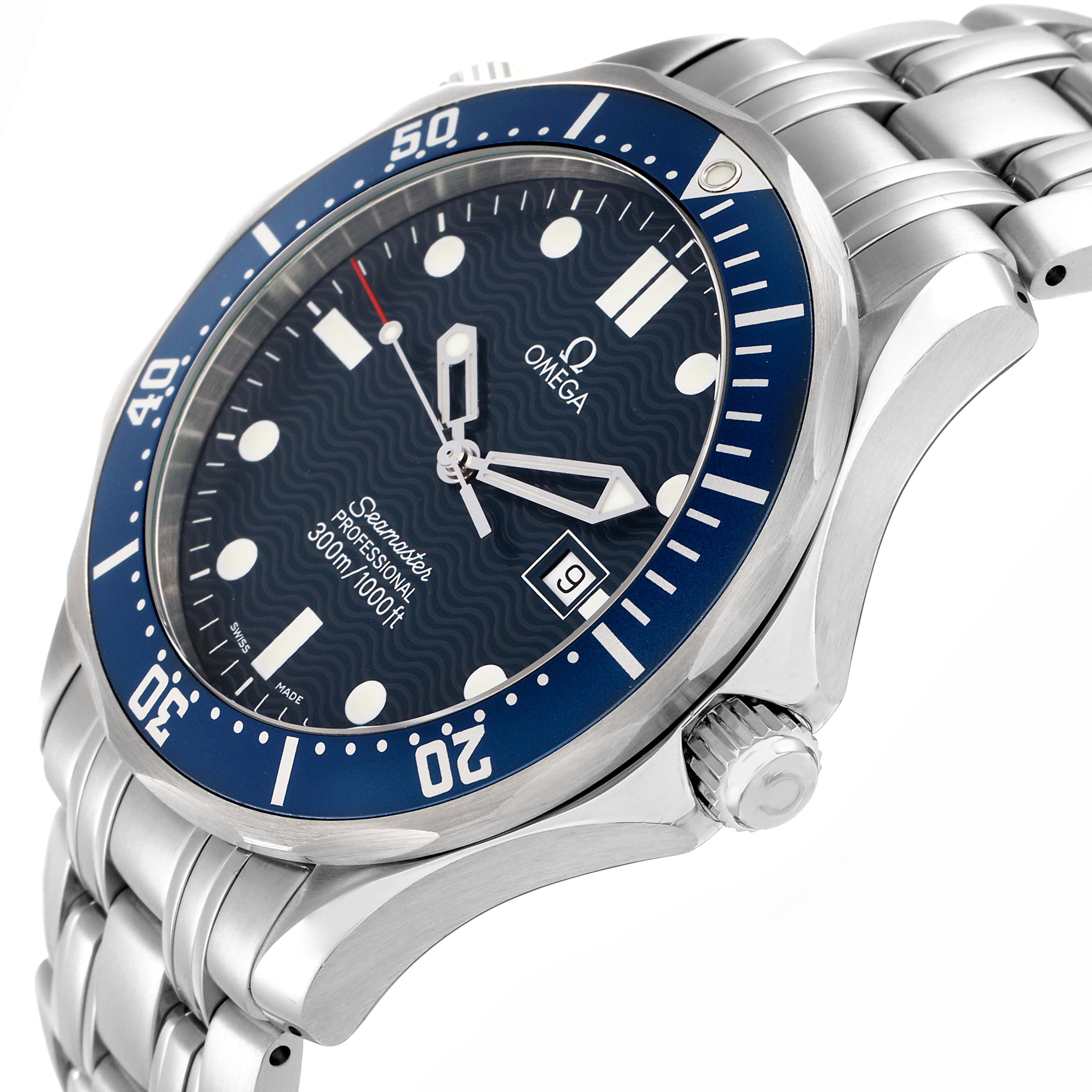 The Omega Seamaster 2541.80.00 Men
s Stainless Steel Blue Dial watch is shown from a side angle, highlighting the face, bezel, crown, and part of the bracelet.