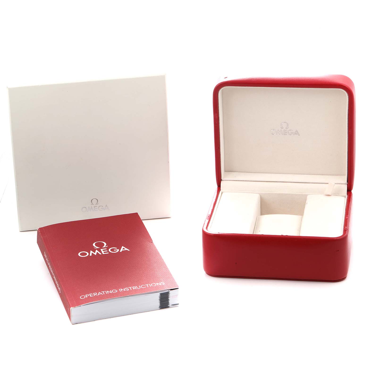 The image shows the Omega Seamaster 2541.80.00 Men
s Stainless Steel Blue Dial
s red watch box, white outer box, and the operating instructions booklet.