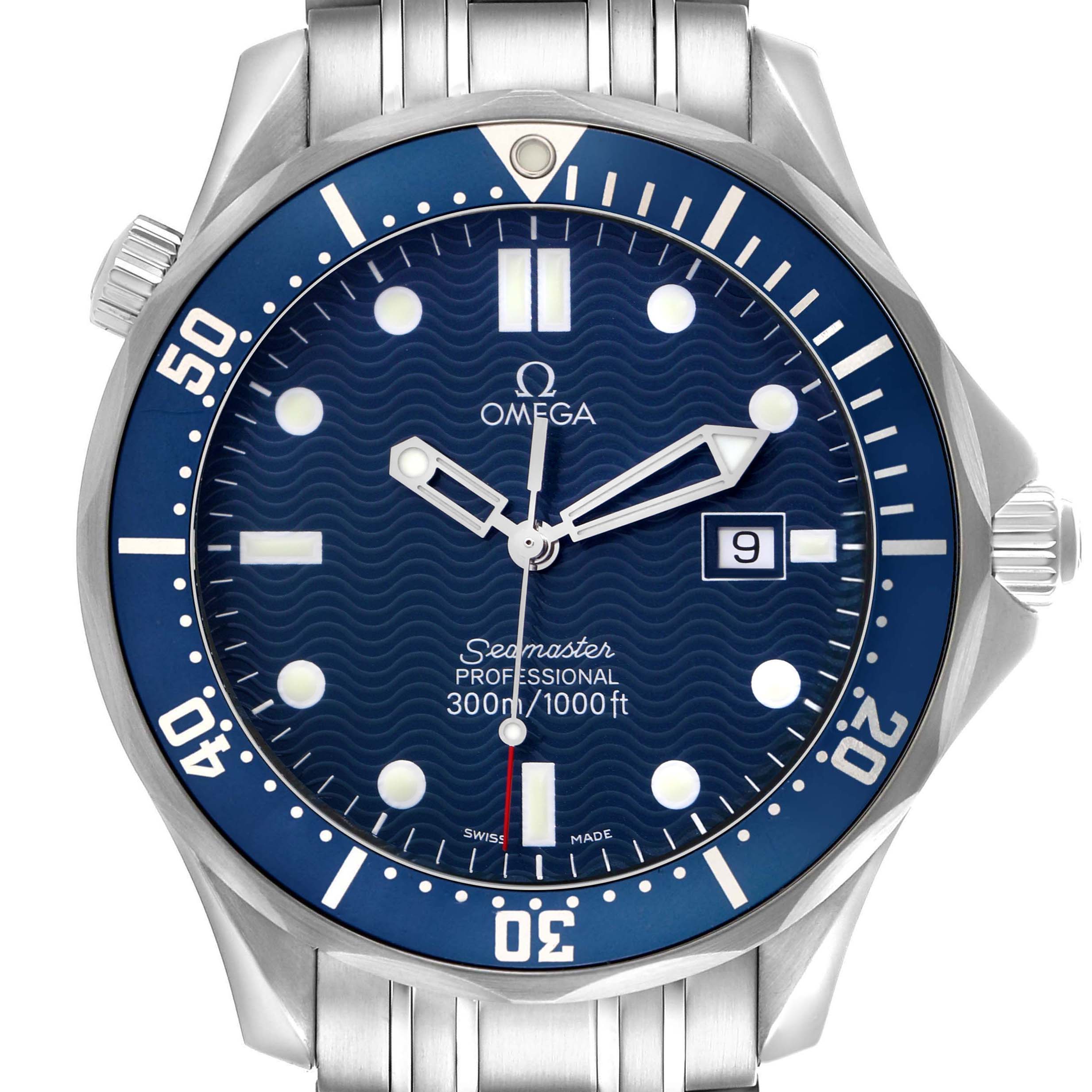 The Omega Seamaster 2541.80.00 Men
s Stainless Steel Blue Dial watch is shown from a frontal angle, displaying the dial, bezel, hands, markers, and date window.