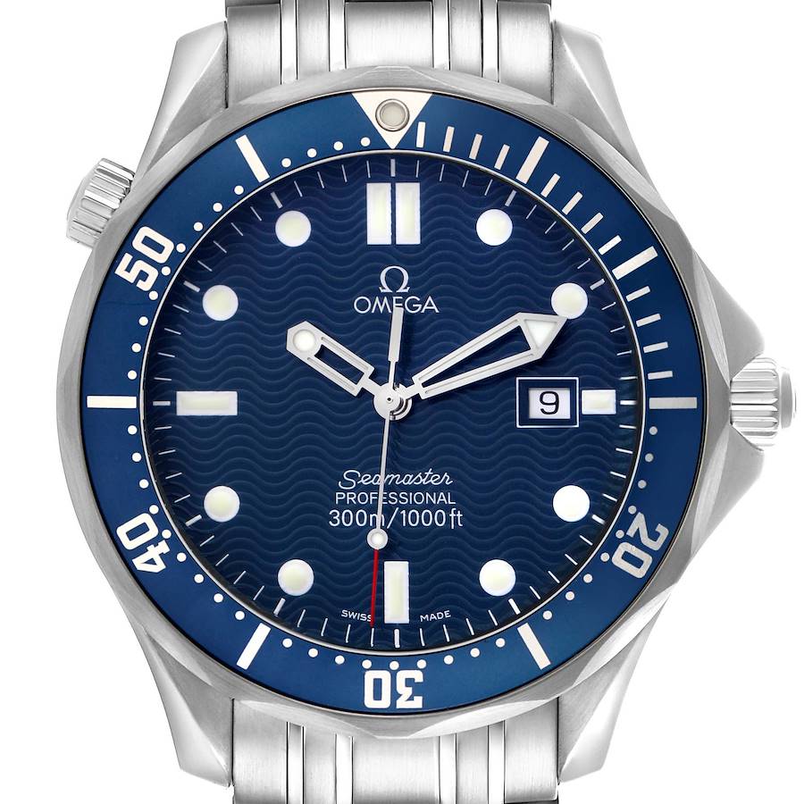 The Omega Seamaster 2541.80.00 Men's Stainless Steel Blue Dial watch is shown from a frontal angle, displaying the dial, bezel, hands, markers, and date window.
