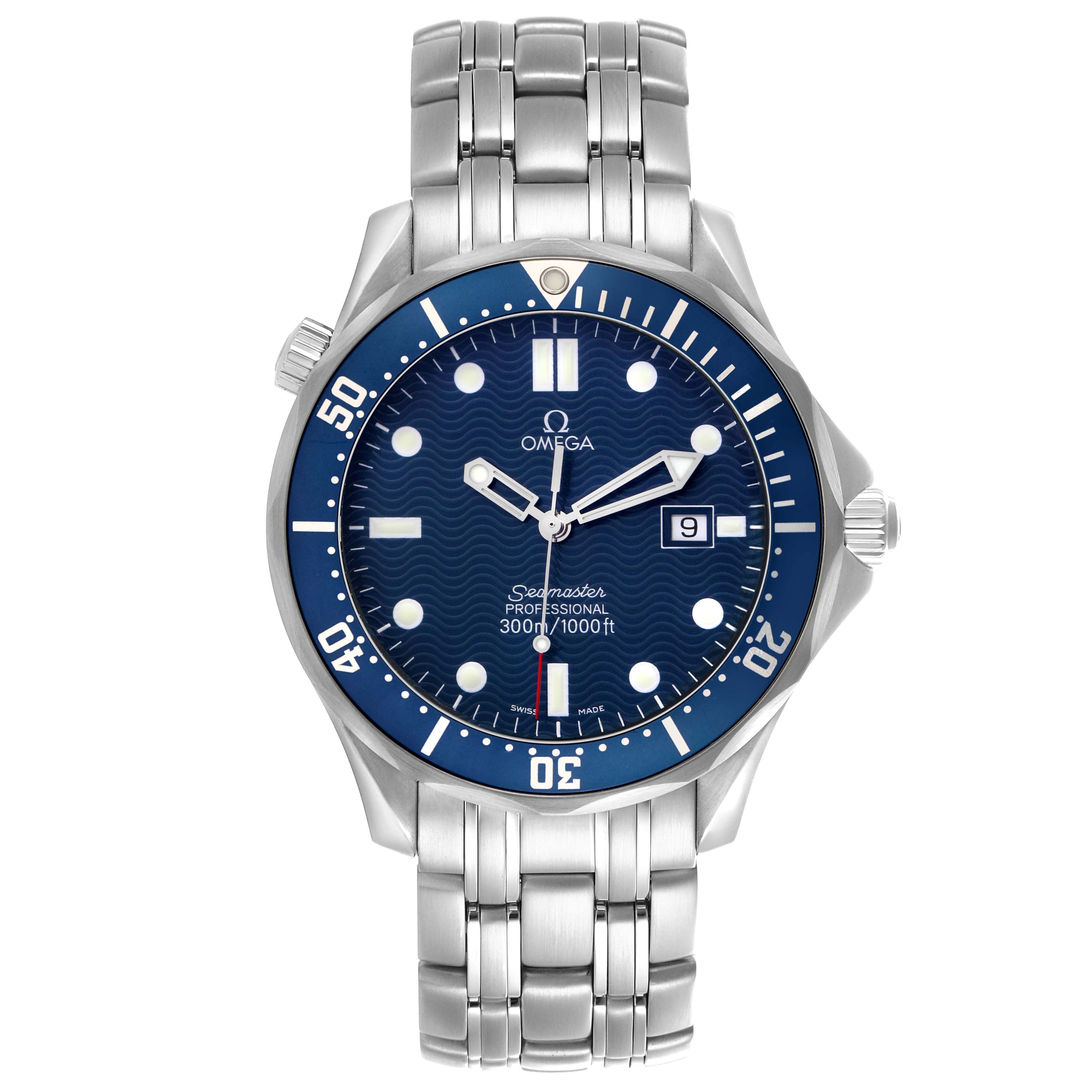 The Omega Seamaster 2541.80.00 Men
s Stainless Steel Blue Dial watch is shown from a front angle, highlighting the dial, bezel, and bracelet.