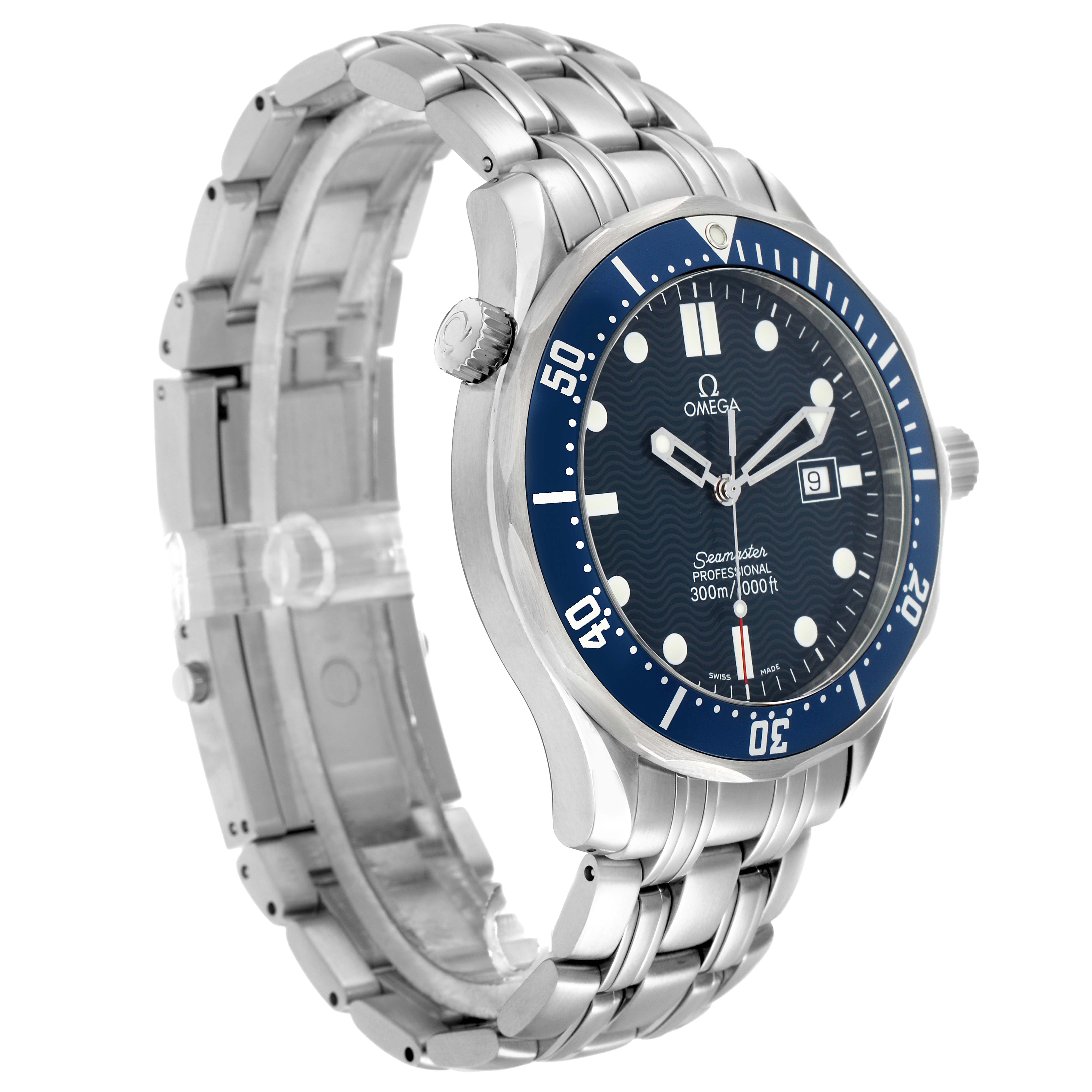 The Omega Seamaster 2541.80.00 Men
s Stainless Steel Blue Dial watch is shown at a three-quarter angle, displaying the face, bezel, crown, and stainless steel bracelet.