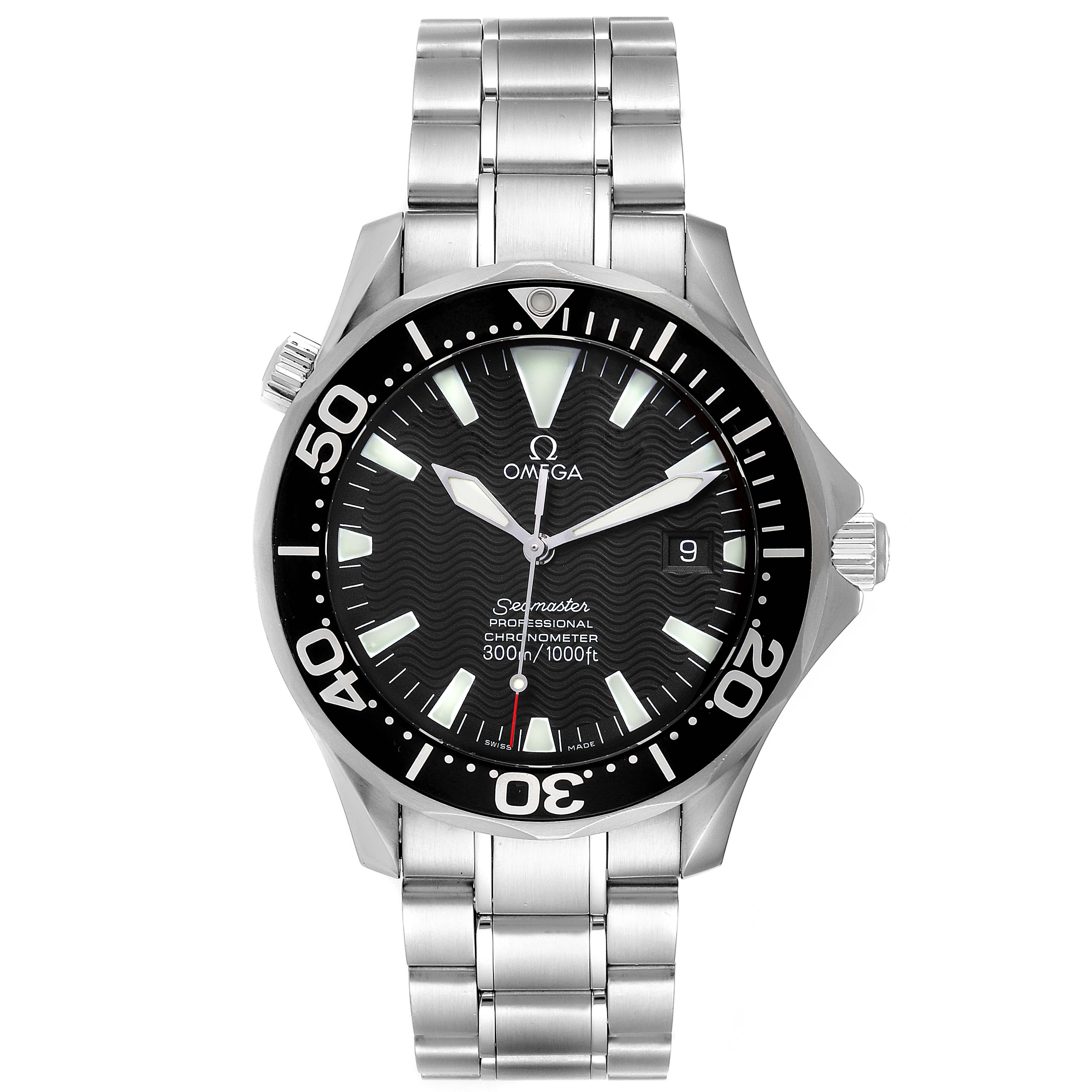 The Omega Seamaster 2254.50.00 Men's Stainless Steel Black Dial 2254.50.00 Men's Stainless Steel Black Dial watch is shown from a front angle, highlighting its black dial, bezel, and metal bracelet.