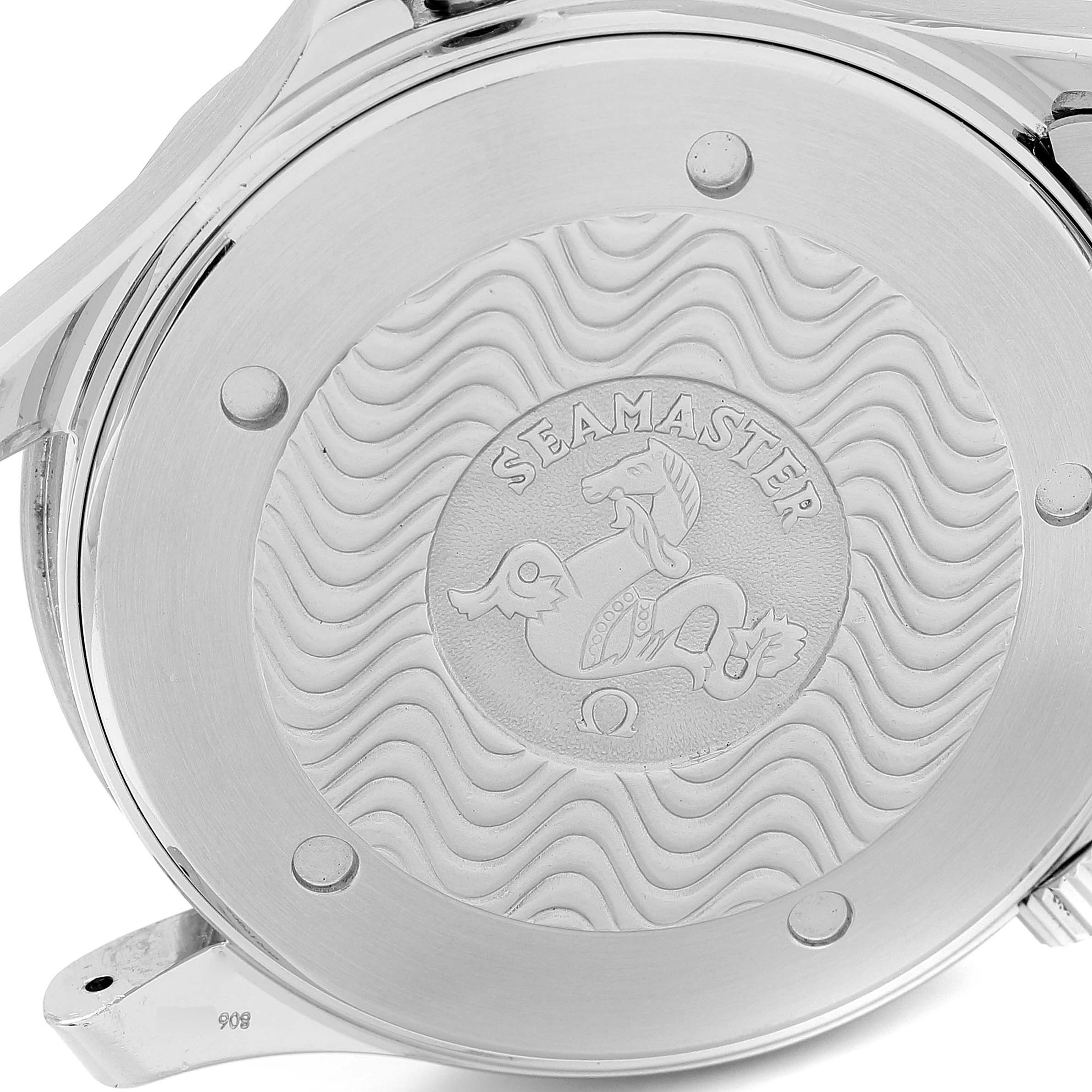 This image shows the engraved case back of the Omega Seamaster 2254.50.00 Men's Stainless Steel Black Dial 2254.50.00 Men's Stainless Steel Black Dial watch, featuring the Seamaster logo.