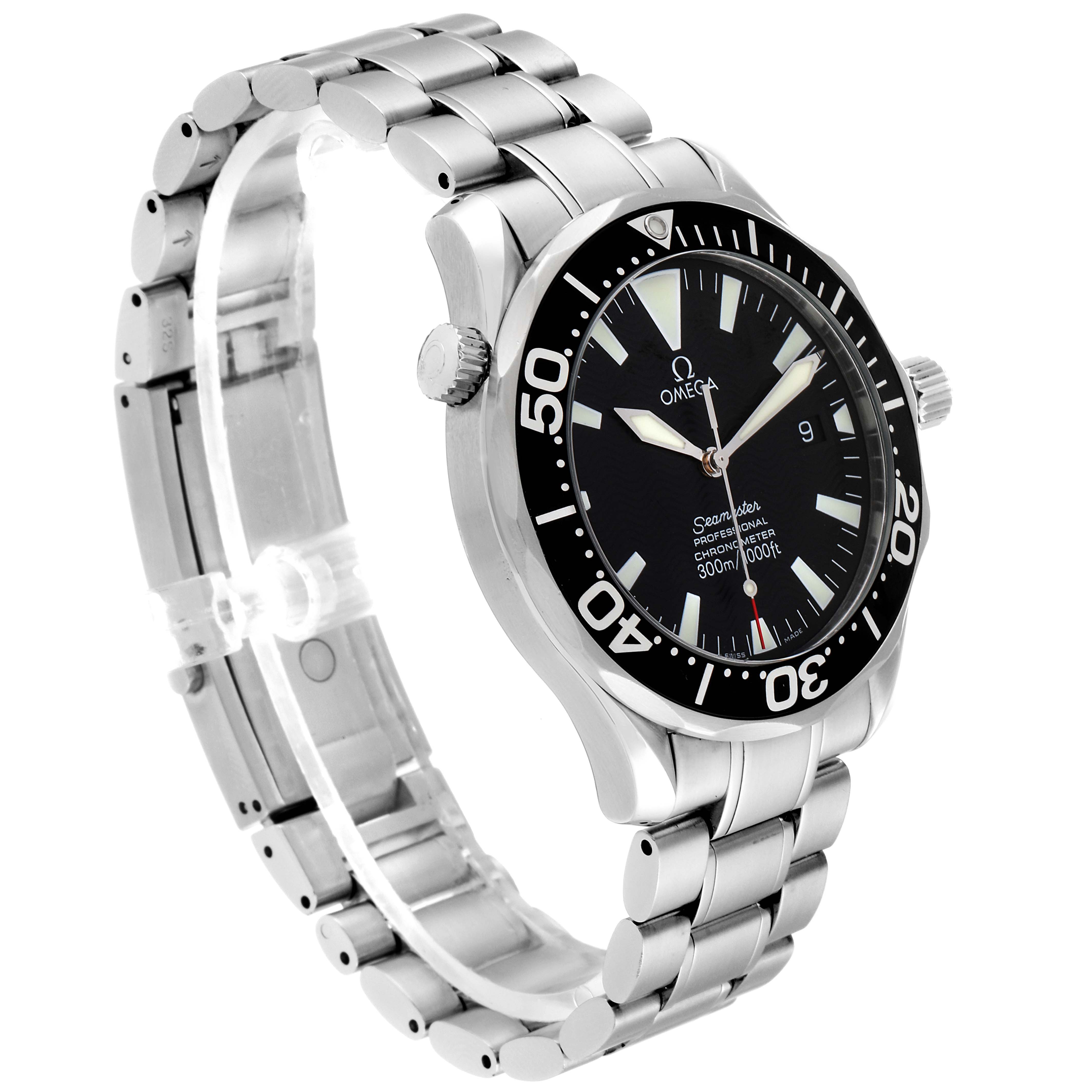 The image shows an Omega Seamaster 2254.50.00 Men's Stainless Steel Black Dial 2254.50.00 Men's Stainless Steel Black Dial watch angled from the left side, highlighting its bezel, dial, and metal bracelet.