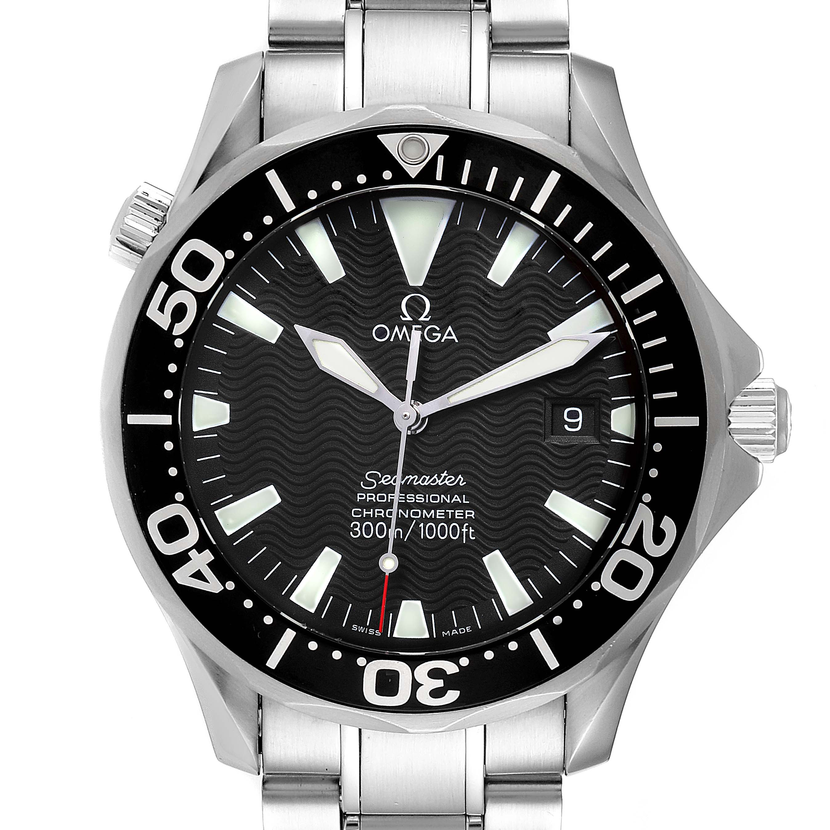 The Omega Seamaster 2254.50.00 Men's Stainless Steel Black Dial 2254.50.00 Men's Stainless Steel Black Dial watch is shown from the front, displaying its dial, bezel, and part of its bracelet.
