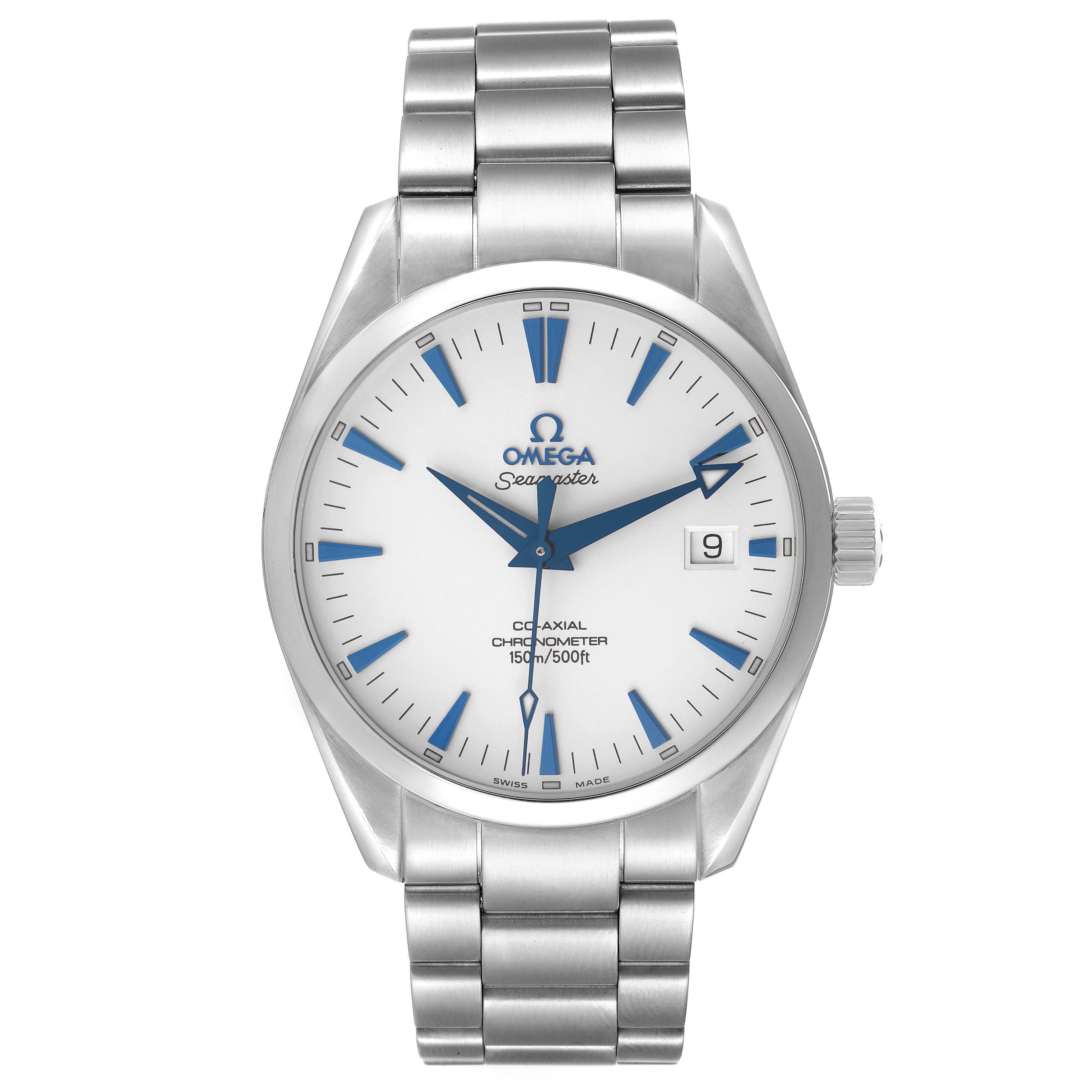 The Omega Seamaster 2503.33.00 Men
s Stainless Steel White Dial watch is shown from the front, displaying the dial, bracelet, and crown.