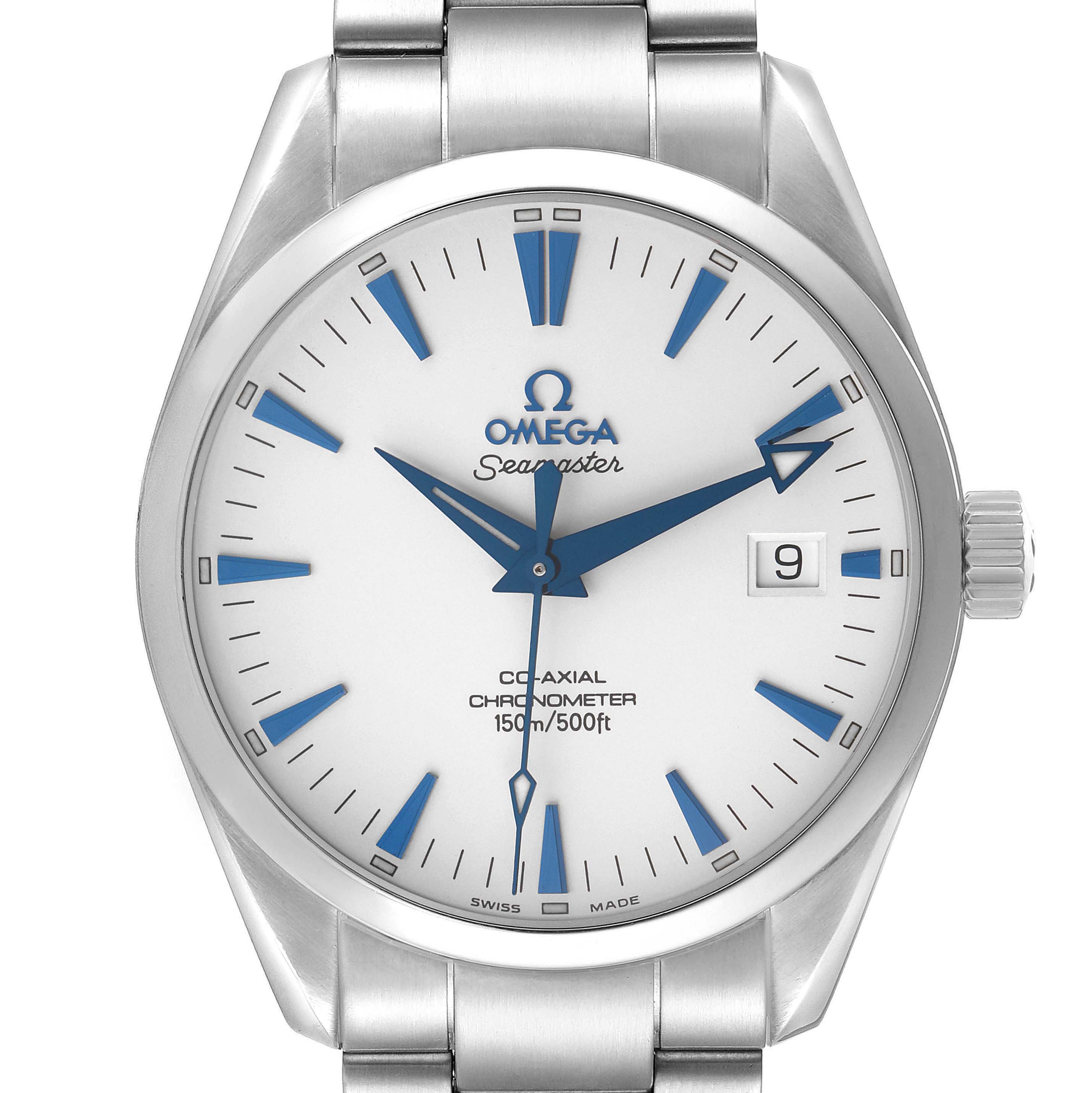The Omega Seamaster 2503.33.00 Men
s Stainless Steel White Dial watch is shown from the front, highlighting the dial, hands, bezel, and part of the bracelet.