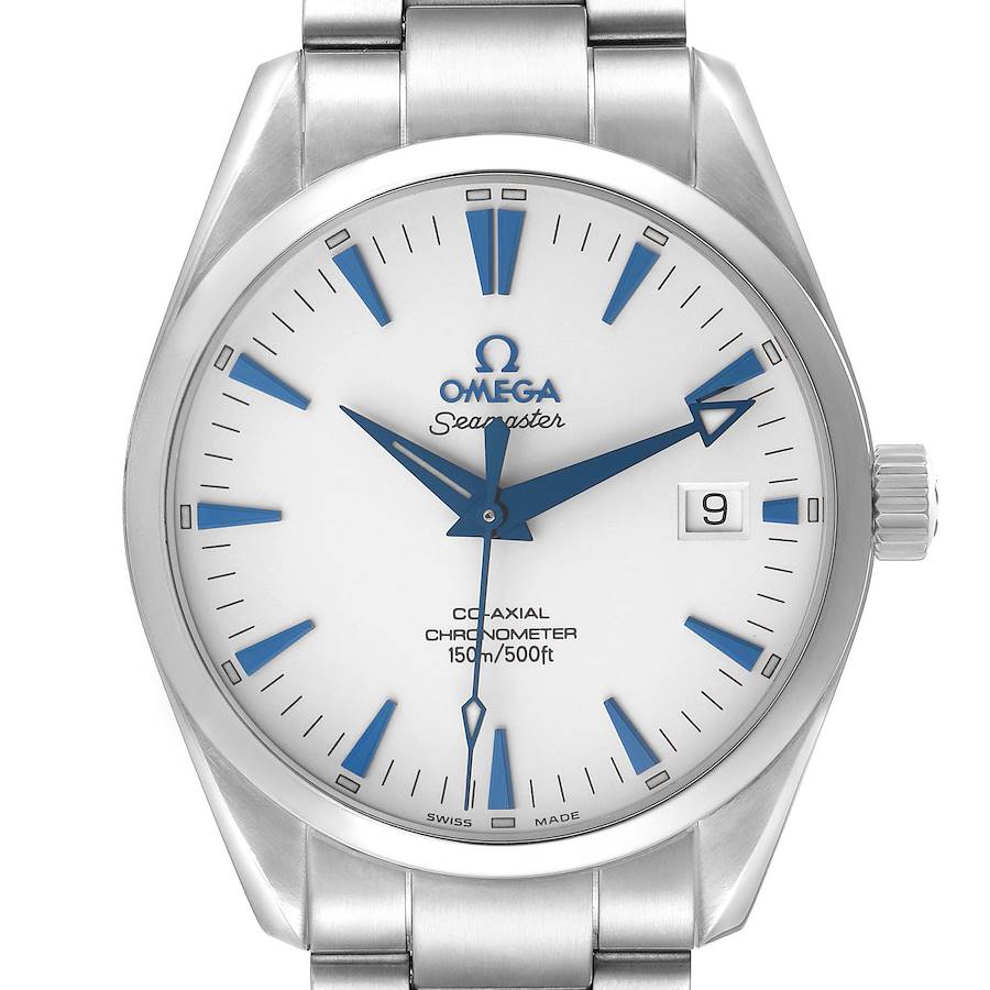The Omega Seamaster 2503.33.00 Men's Stainless Steel White Dial watch is shown from the front, highlighting the dial, hands, bezel, and part of the bracelet.