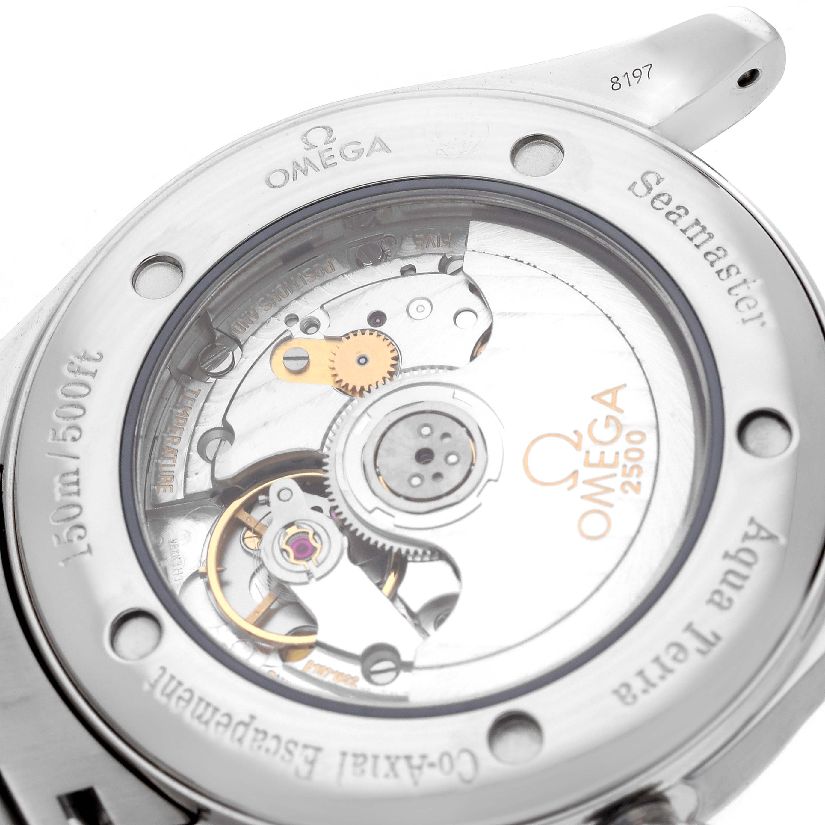 The image shows the back of an Omega Seamaster 2503.33.00 Men
s Stainless Steel White Dial, highlighting the movement through a transparent case back.
