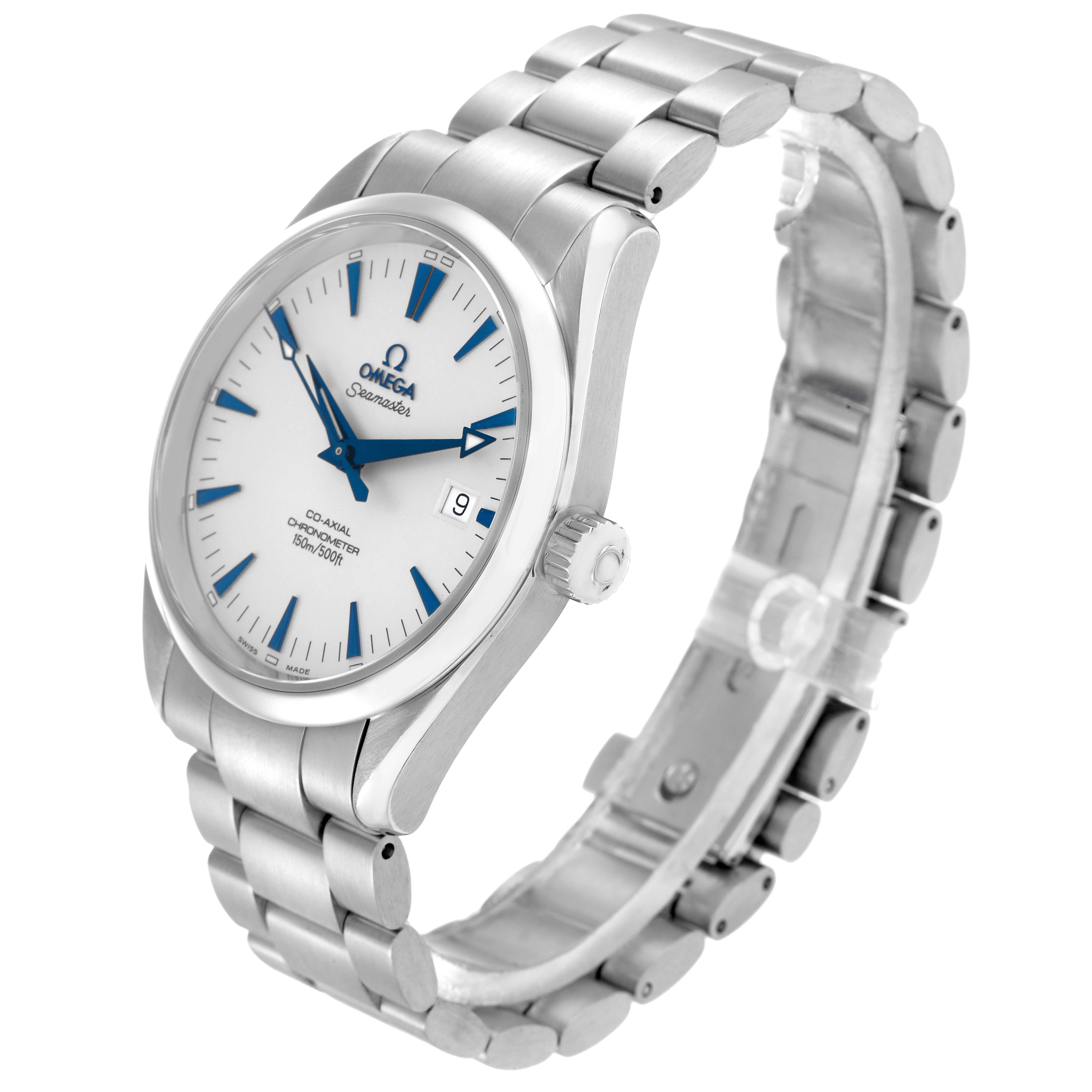 The Omega Seamaster 2503.33.00 Men
s Stainless Steel White Dial watch is shown at a slight angle, highlighting the watch face, crown, and stainless steel bracelet.