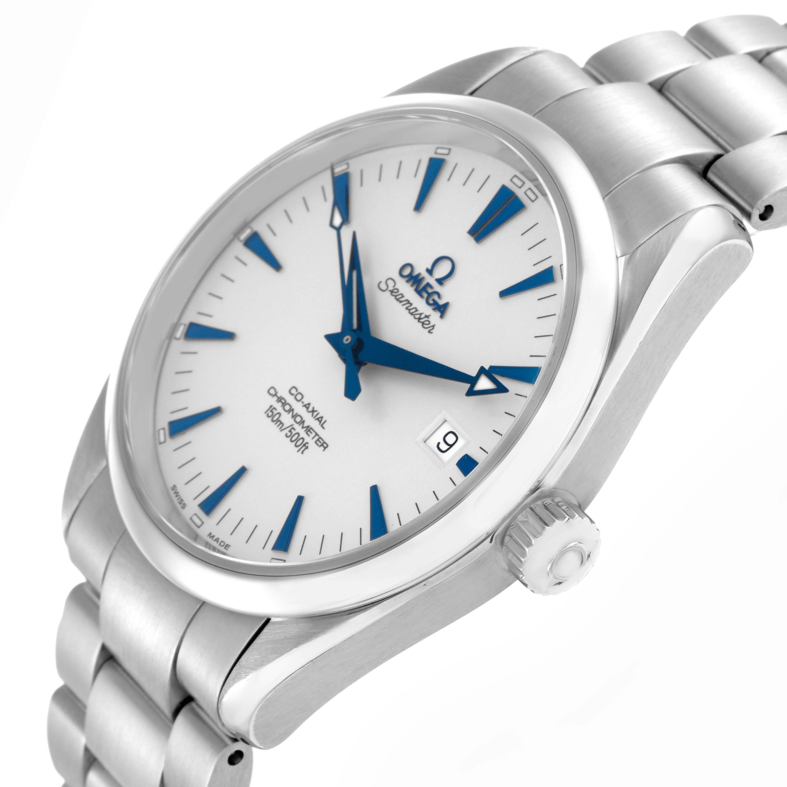 The Omega Seamaster 2503.33.00 Men
s Stainless Steel White Dial watch is shown at an angled side view, displaying the face, hour markers, hands, and bracelet.