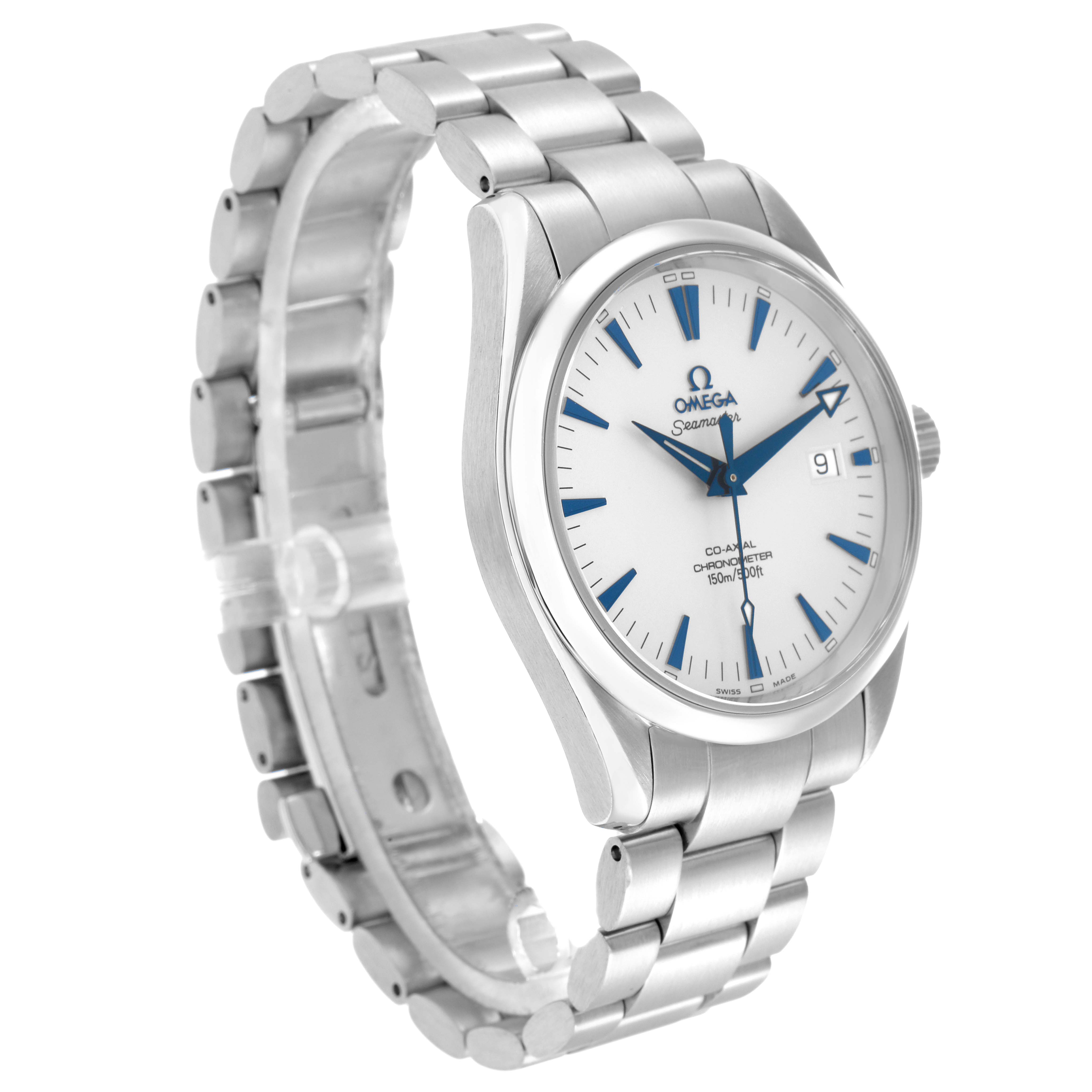 The Omega Seamaster 2503.33.00 Men
s Stainless Steel White Dial watch is shown at a slight angle, highlighting the face, bezel, crown, and part of the bracelet.