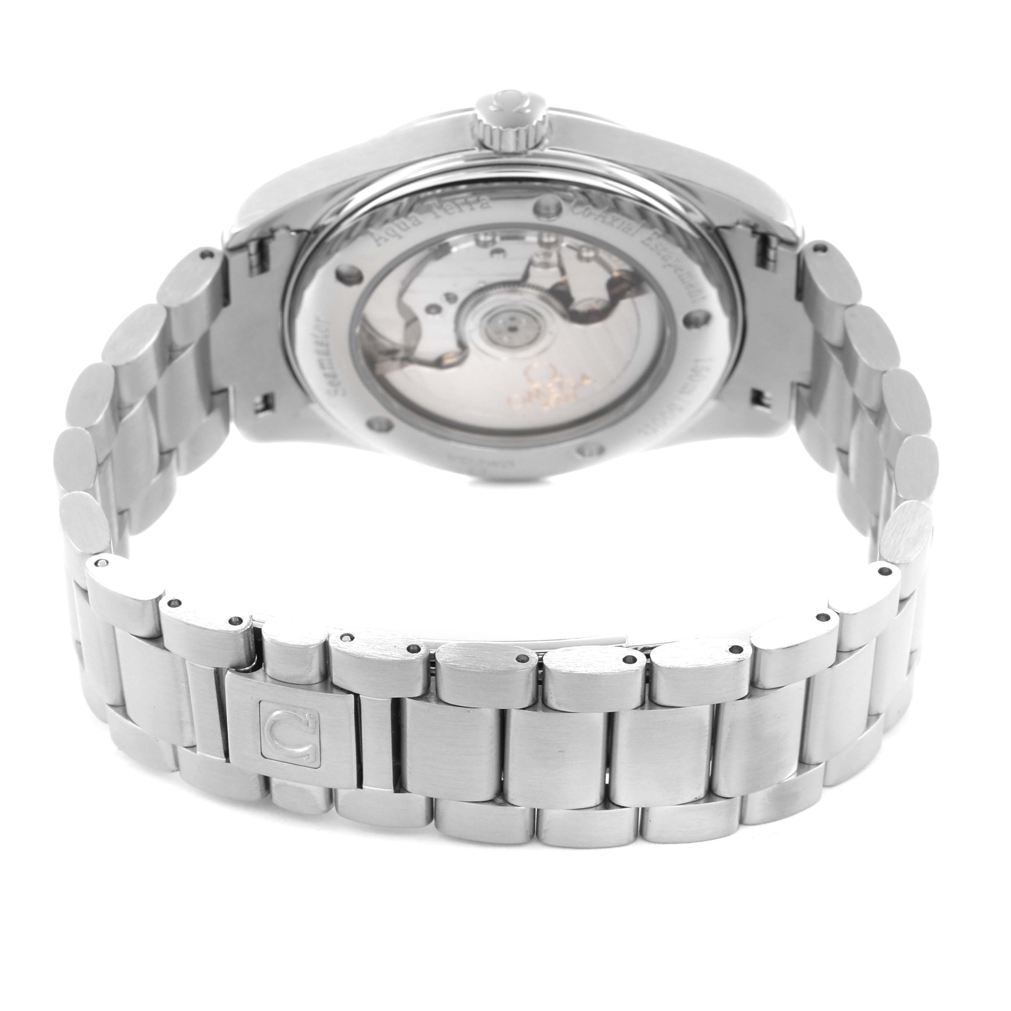 The image shows the back and bracelet of an Omega Seamaster 2503.33.00 Men
s Stainless Steel White Dial, highlighting the case back and movement.