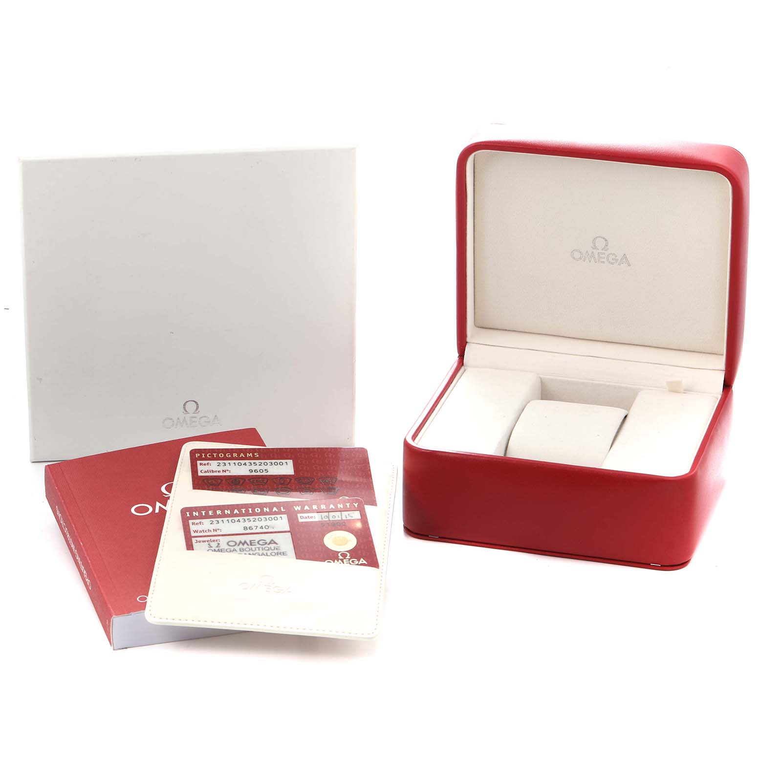 The image shows an Omega Seamaster 231.10.43.52.03.001 Men
s Stainless Steel Blue Dial watch box with warranty cards and a booklet, viewed from an angled front perspective.