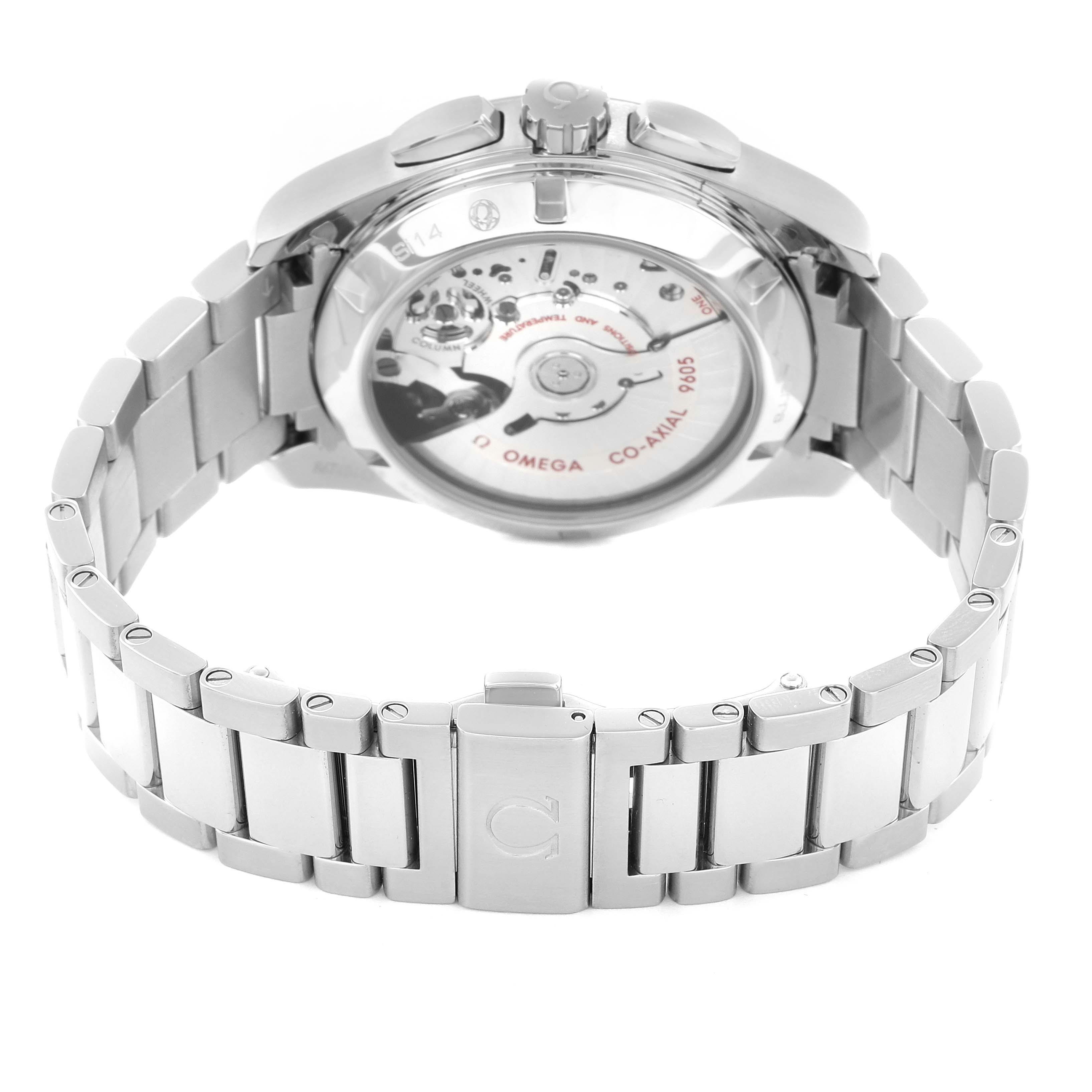 The image shows the Omega Seamaster 231.10.43.52.03.001 Men
s Stainless Steel Blue Dial watch from the back, highlighting its transparent case back and metal bracelet.