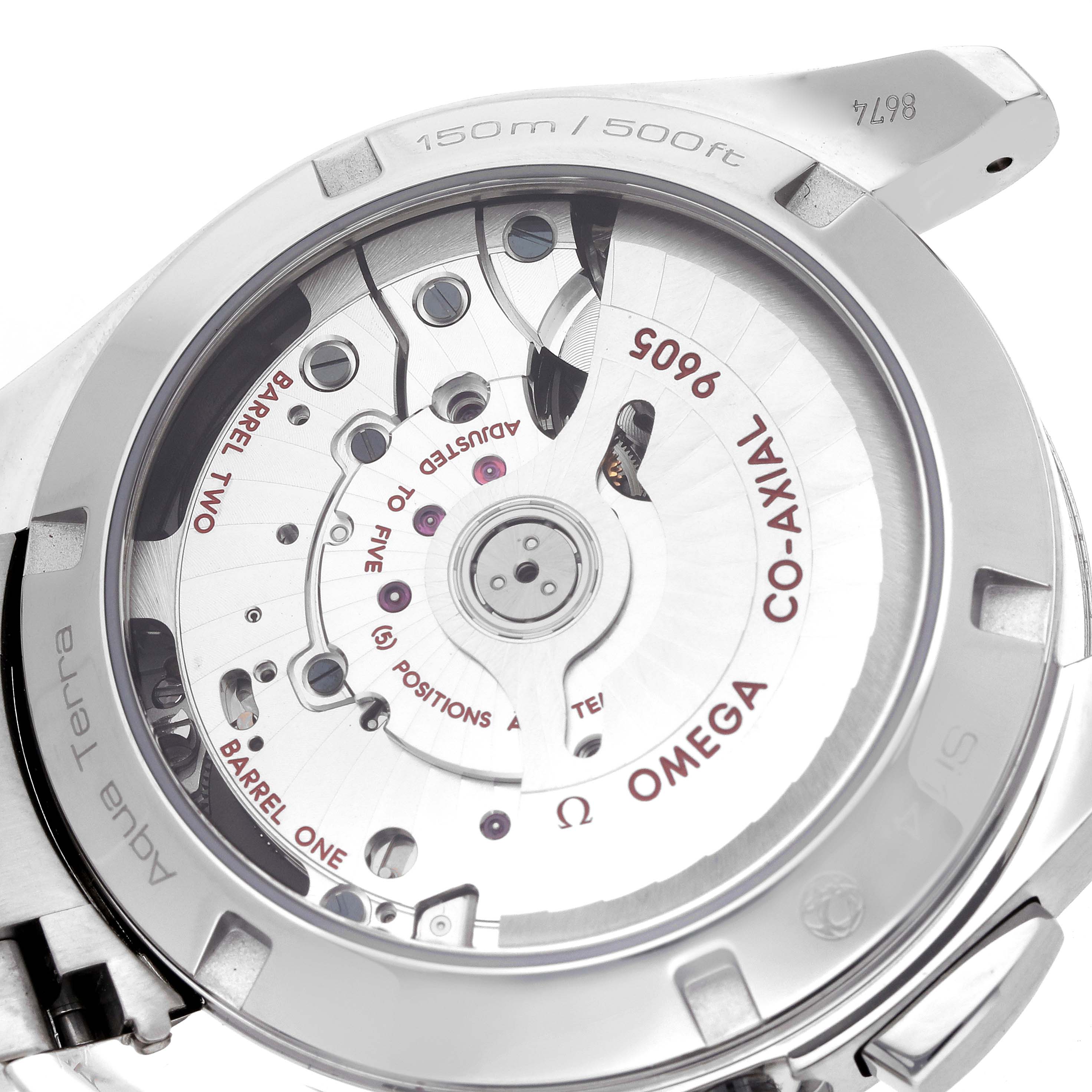 The image shows the back view of an Omega Seamaster 231.10.43.52.03.001 Men
s Stainless Steel Blue Dial watch, highlighting its Co-Axial movement and internal mechanism.