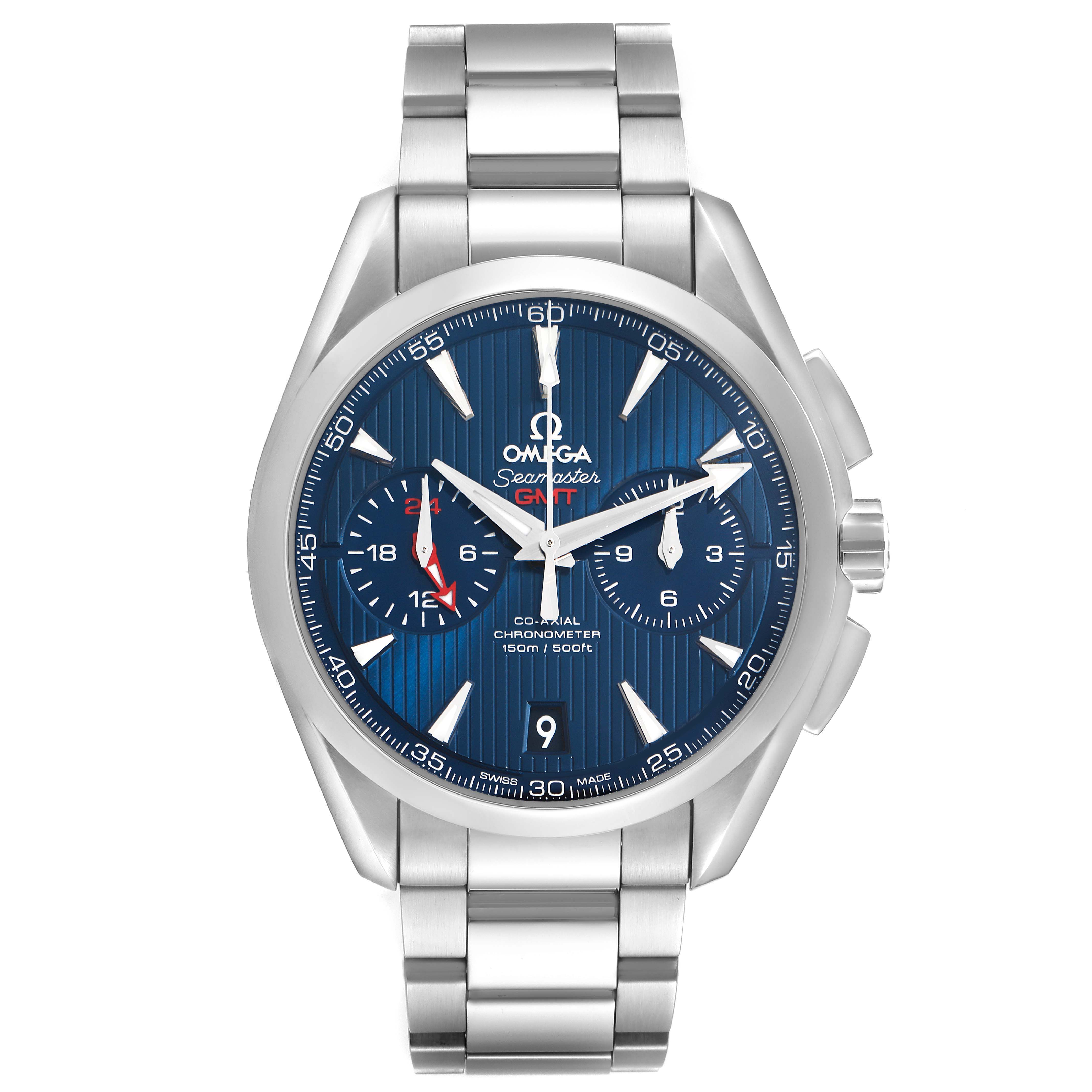 The Omega Seamaster 231.10.43.52.03.001 Men
s Stainless Steel Blue Dial watch is shown from the front, displaying its face, bezel, and bracelet.