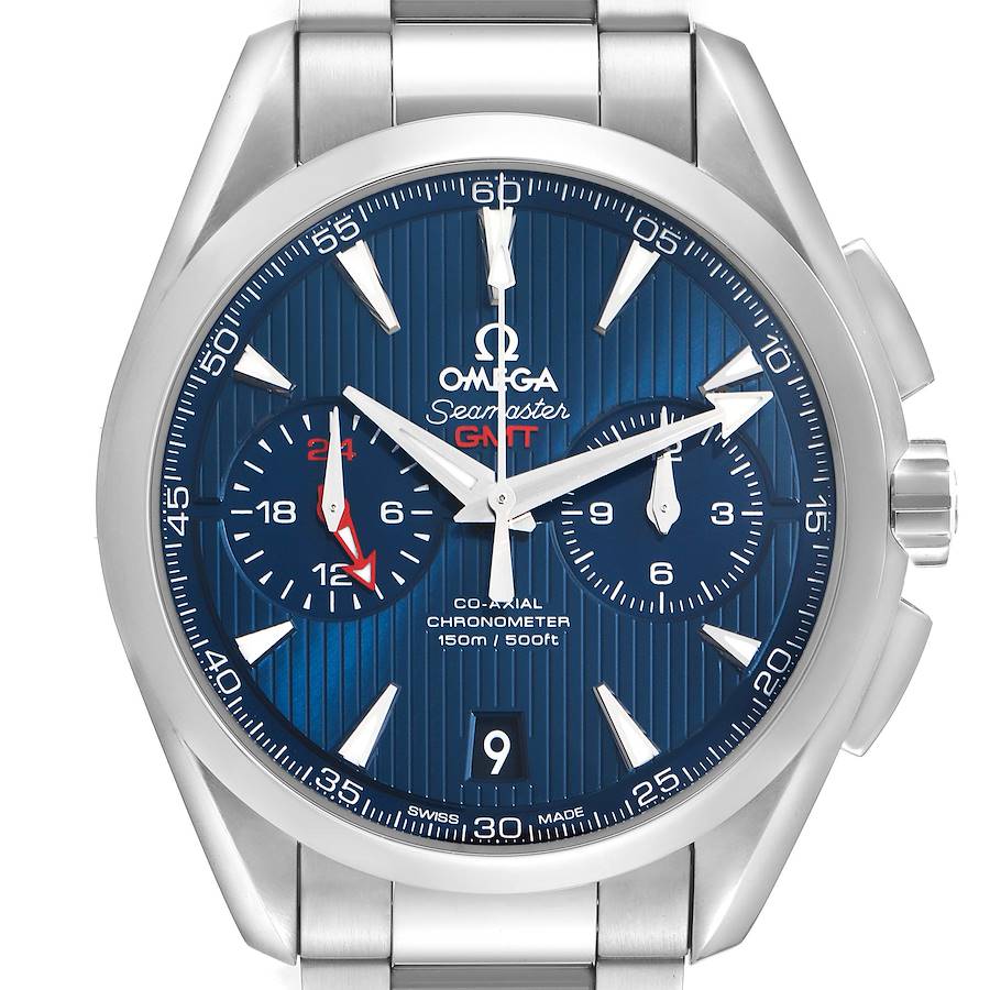 The Omega Seamaster 231.10.43.52.03.001 Men's Stainless Steel Blue Dial watch is shown from a frontal angle, highlighting the blue dial, hands, subdials, and part of the bracelet.